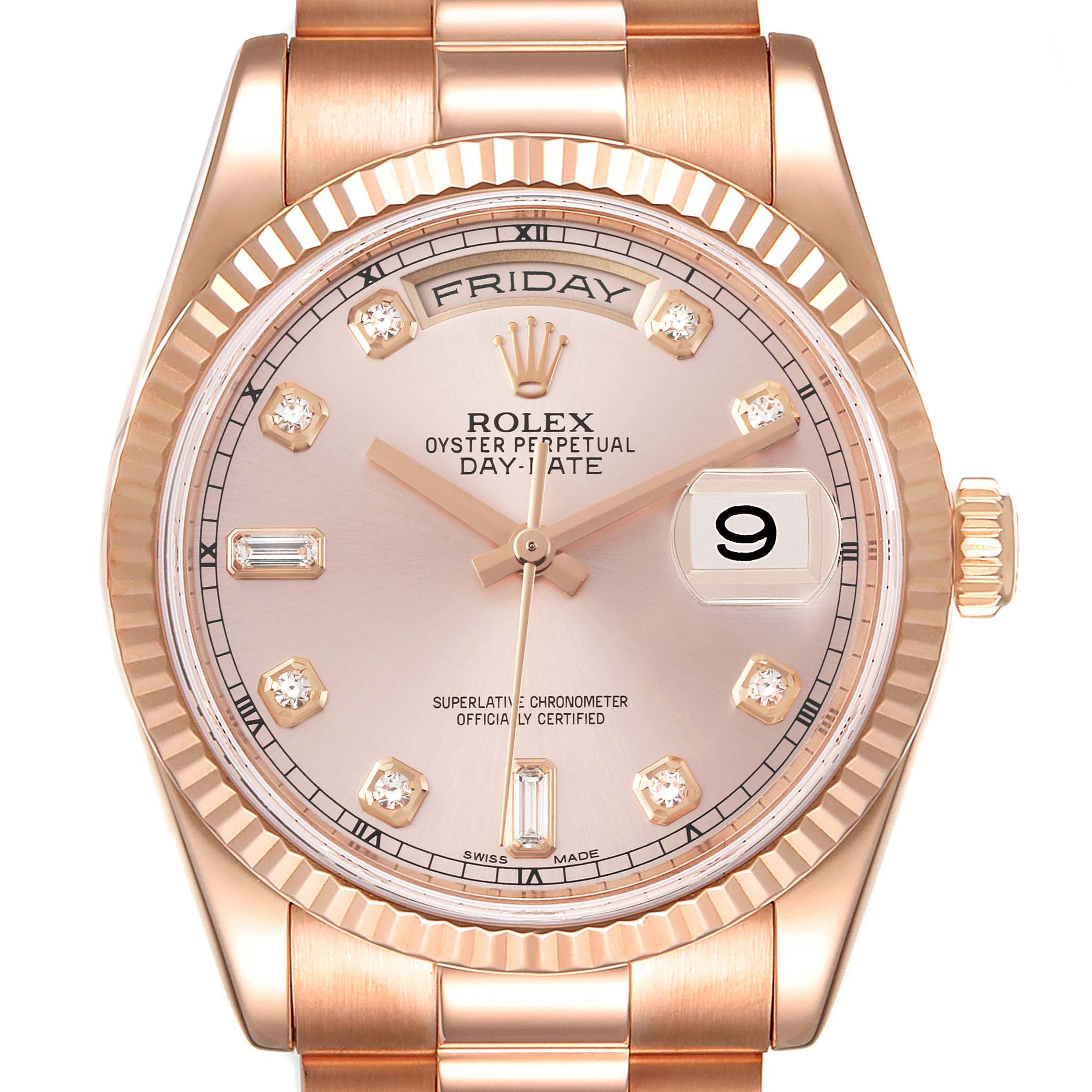 The image shows a frontal view of the Rolex President 118235 Men's Rose Gold Pink Dial 118235 Men's Rose Gold Pink Dial Day-Date watch, highlighting the dial, hands, and bracelet.