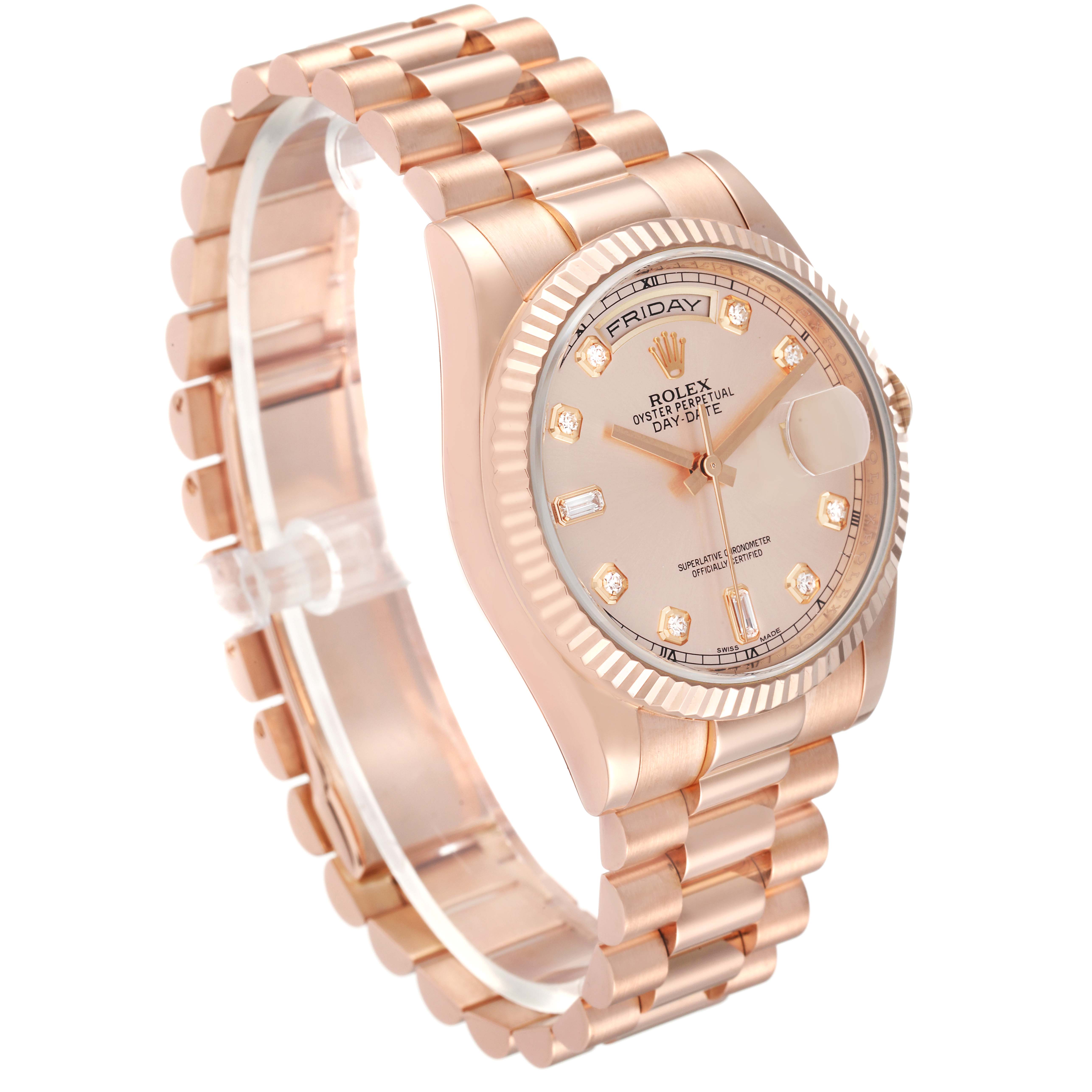 The Rolex President 118235 Men's Rose Gold Pink Dial 118235 Men's Rose Gold Pink Dial model watch is shown at a three-quarter angle, highlighting the dial, bezel, and bracelet.