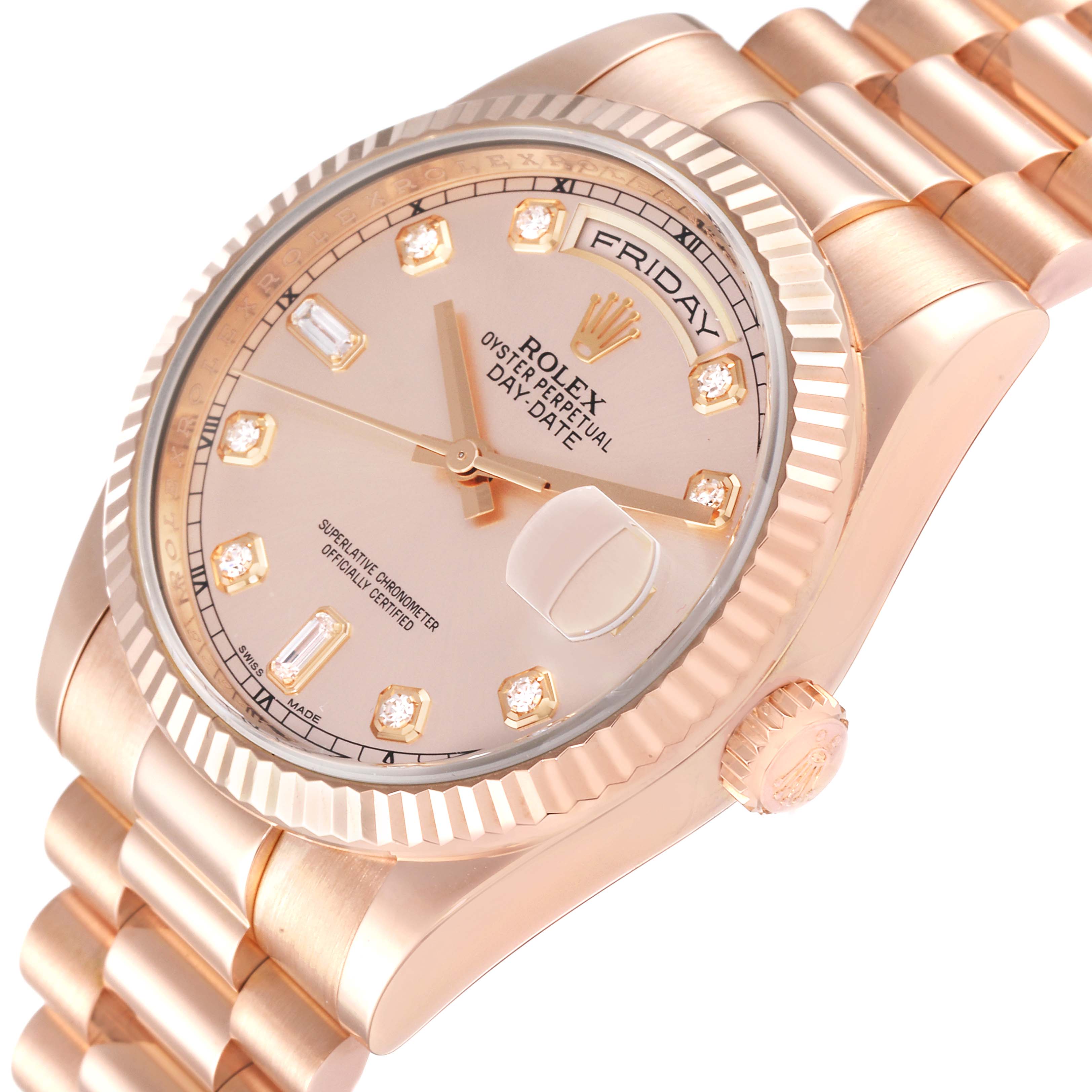 The image shows a Rolex President 118235 Men's Rose Gold Pink Dial 118235 Men's Rose Gold Pink Dial model watch at a slight angle, displaying its dial, bezel, crown, and part of the bracelet.