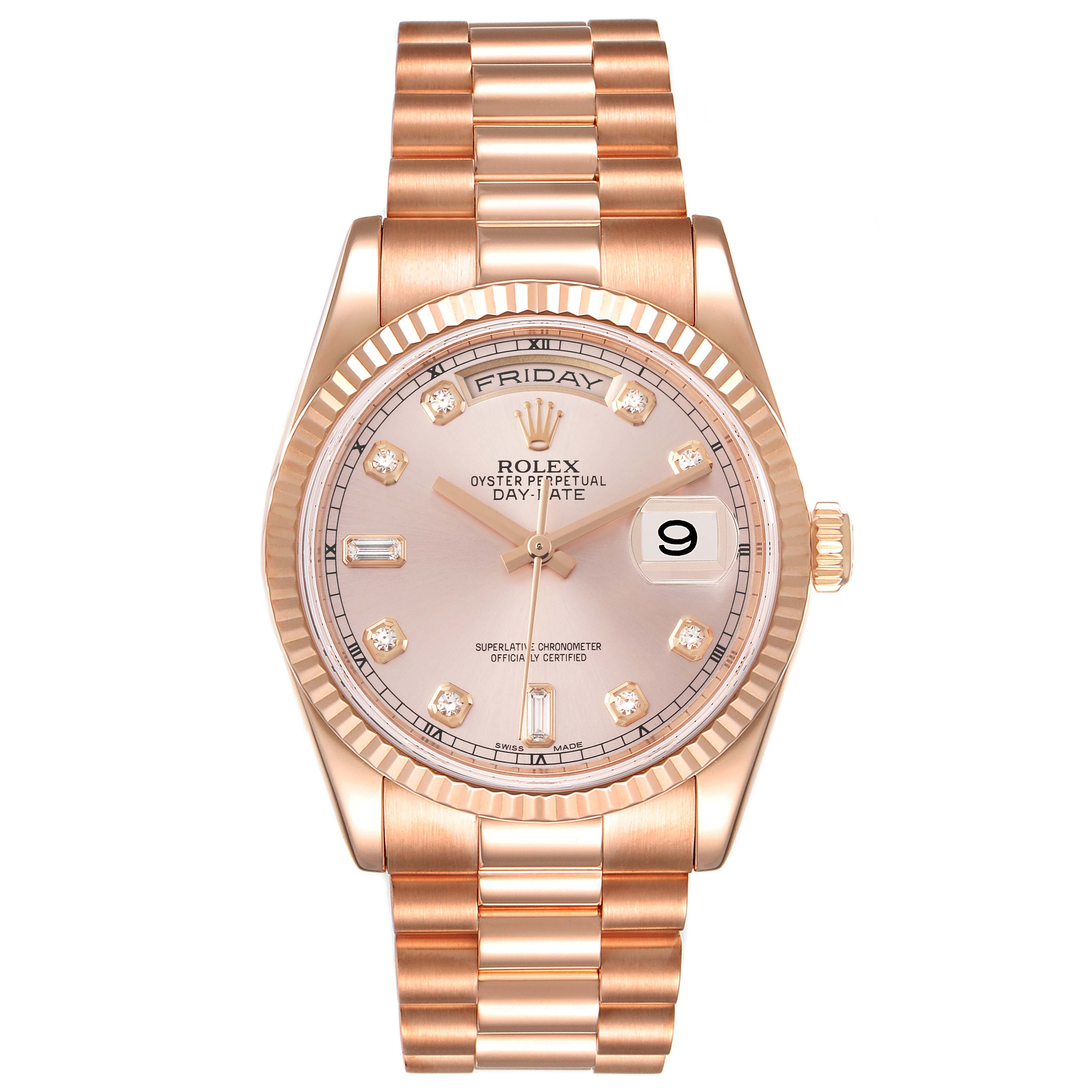 This image shows a front view of a Rolex President 118235 Men's Rose Gold Pink Dial 118235 Men's Rose Gold Pink Dial model watch, highlighting its face, bracelet, and crown.