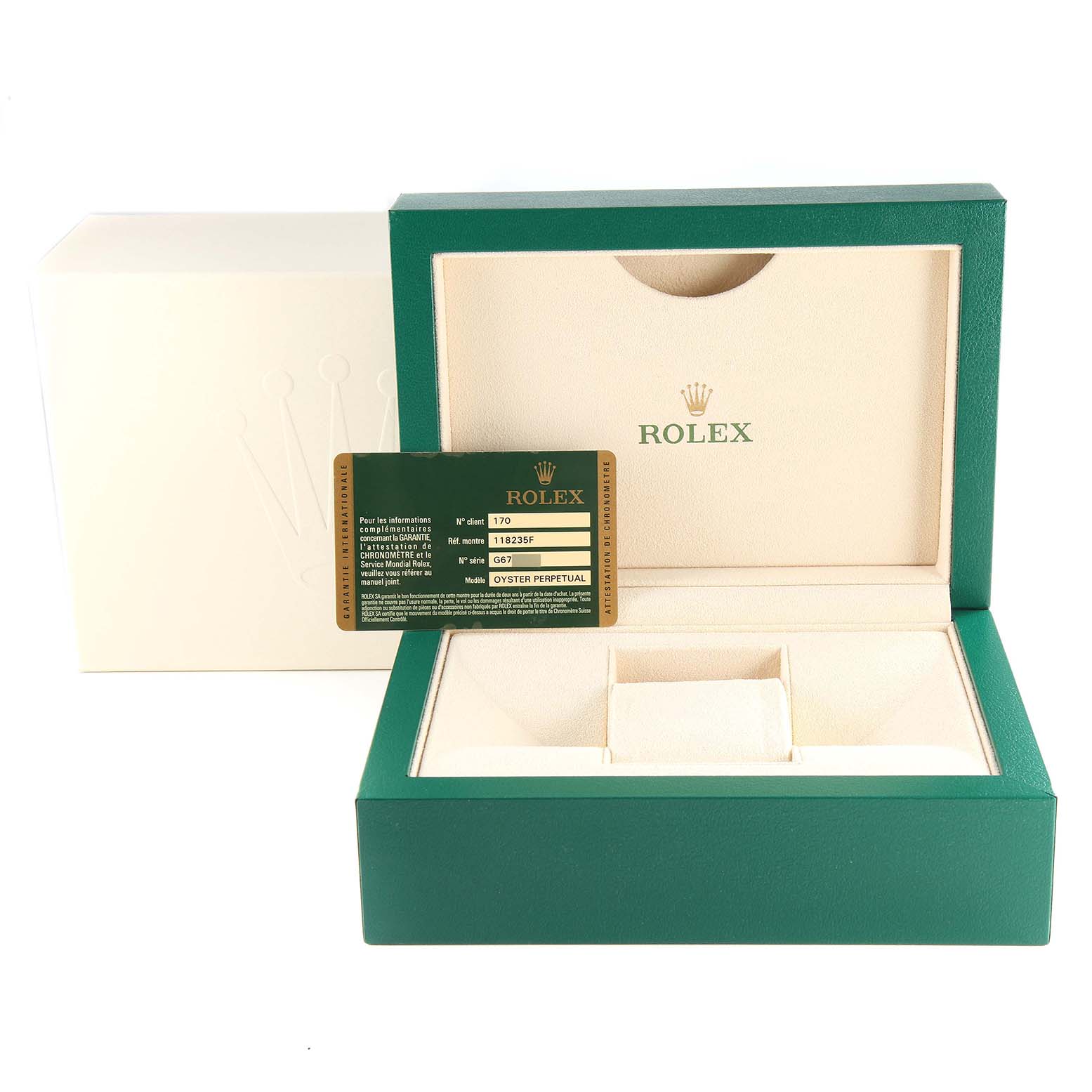 The image shows the box and authenticity card for a Rolex President 118235 Men's Rose Gold Pink Dial 118235 Men's Rose Gold Pink Dial model watch.