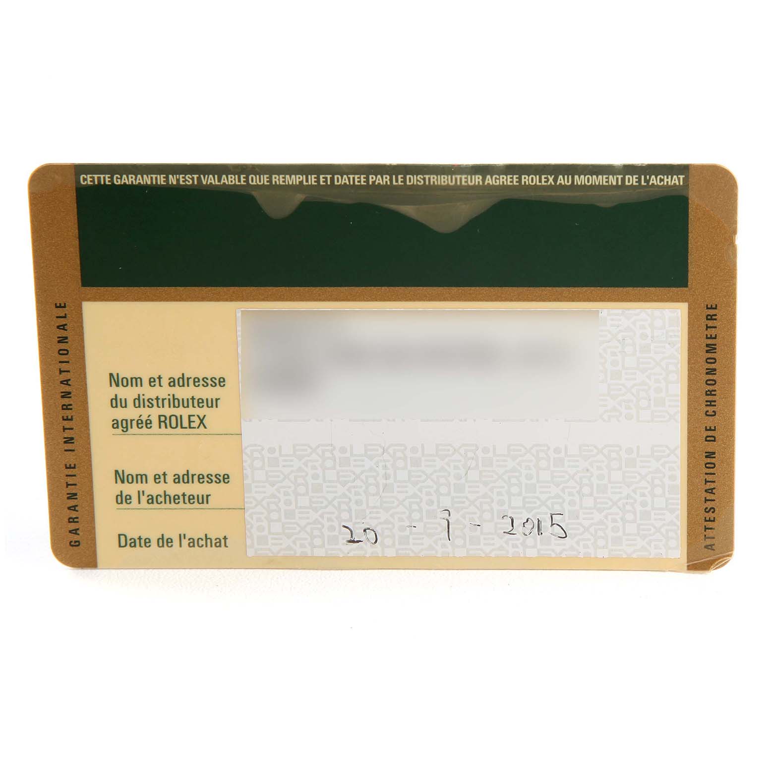 This image shows the warranty card for the Rolex President 118235 Men's Rose Gold Pink Dial 118235 Men's Rose Gold Pink Dial model.