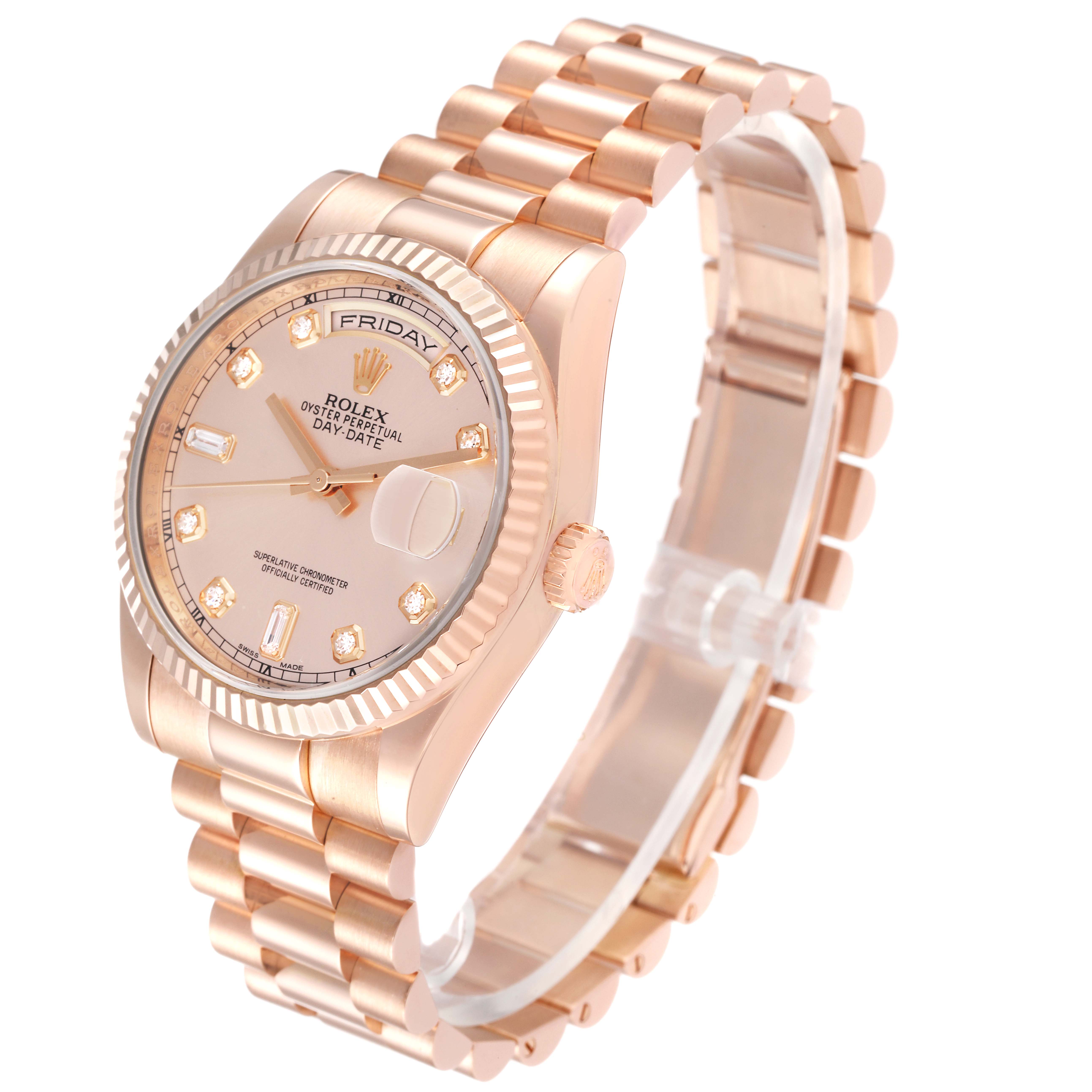 This image shows the side and face of the Rolex President 118235 Men's Rose Gold Pink Dial 118235 Men's Rose Gold Pink Dial model watch with its signature bracelet and fluted bezel.