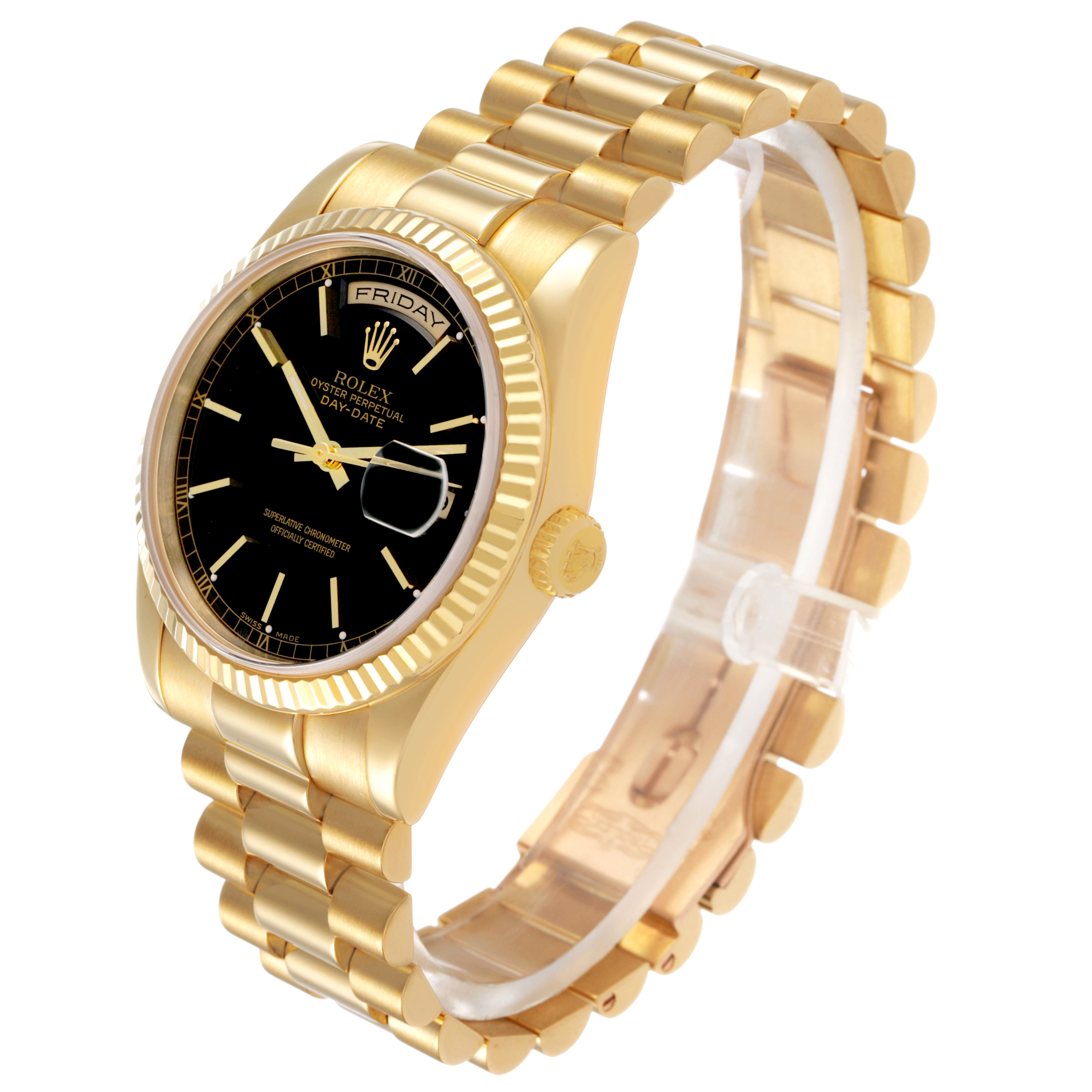 The Rolex President 118238 Men's Yellow Gold Black Dial model is shown at a three-quarter angle, highlighting the gold bracelet, black dial, and fluted bezel.