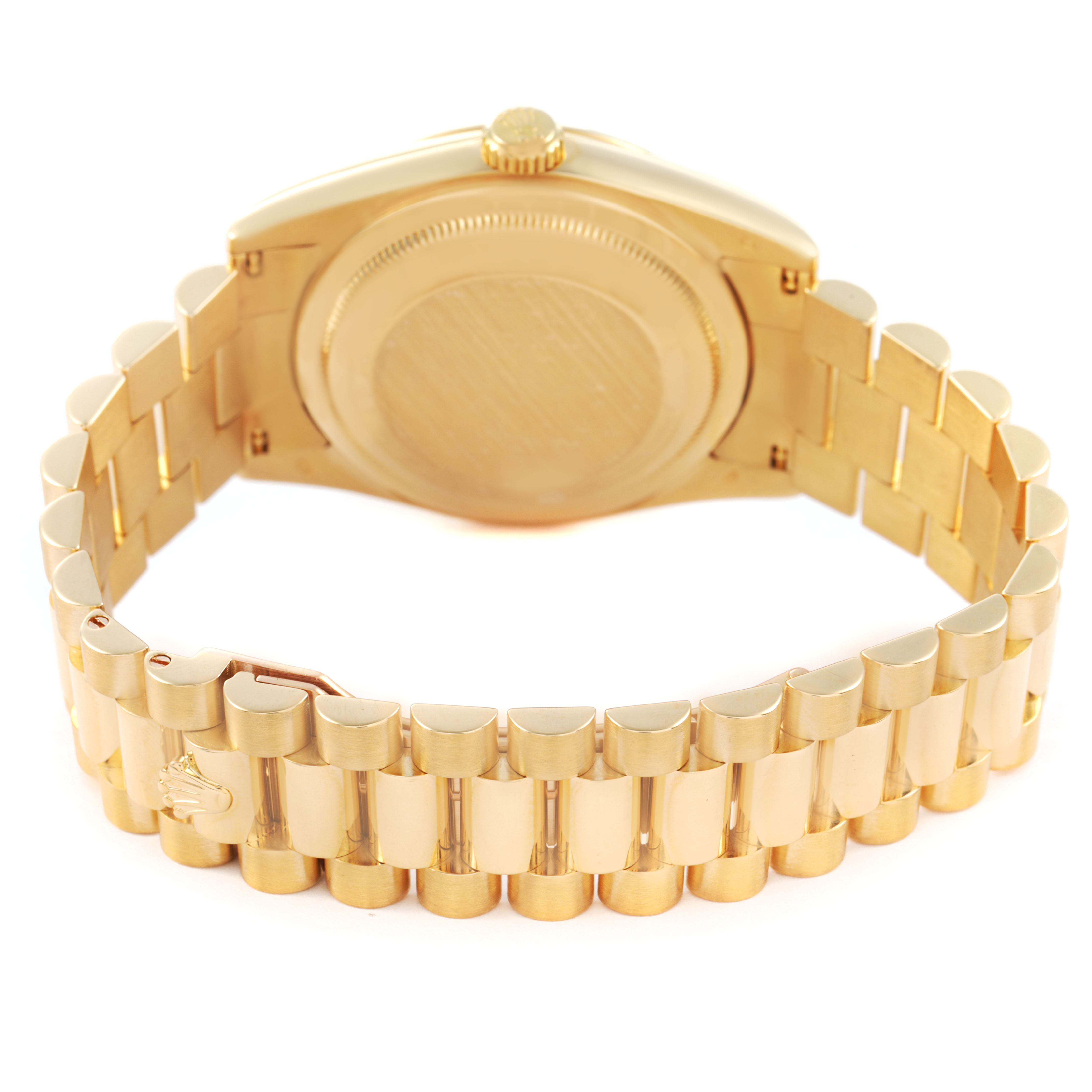 The image shows the back and bracelet of a Rolex President 118238 Men's Yellow Gold Black Dial model watch, focusing on the clasp and case back.