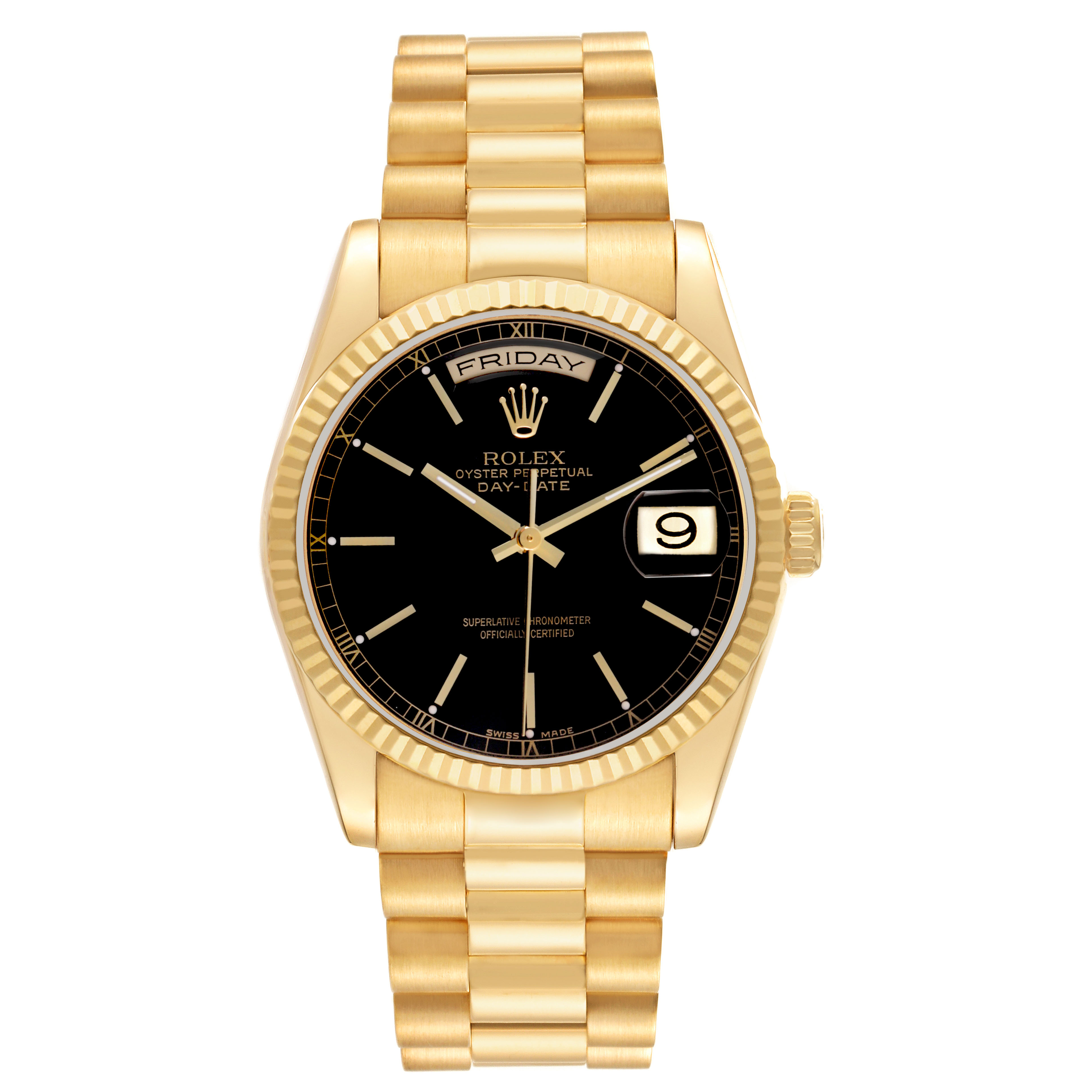 The Rolex President 118238 Men's Yellow Gold Black Dial model is shown from a front view, displaying the gold bracelet, black dial, day, and date features.