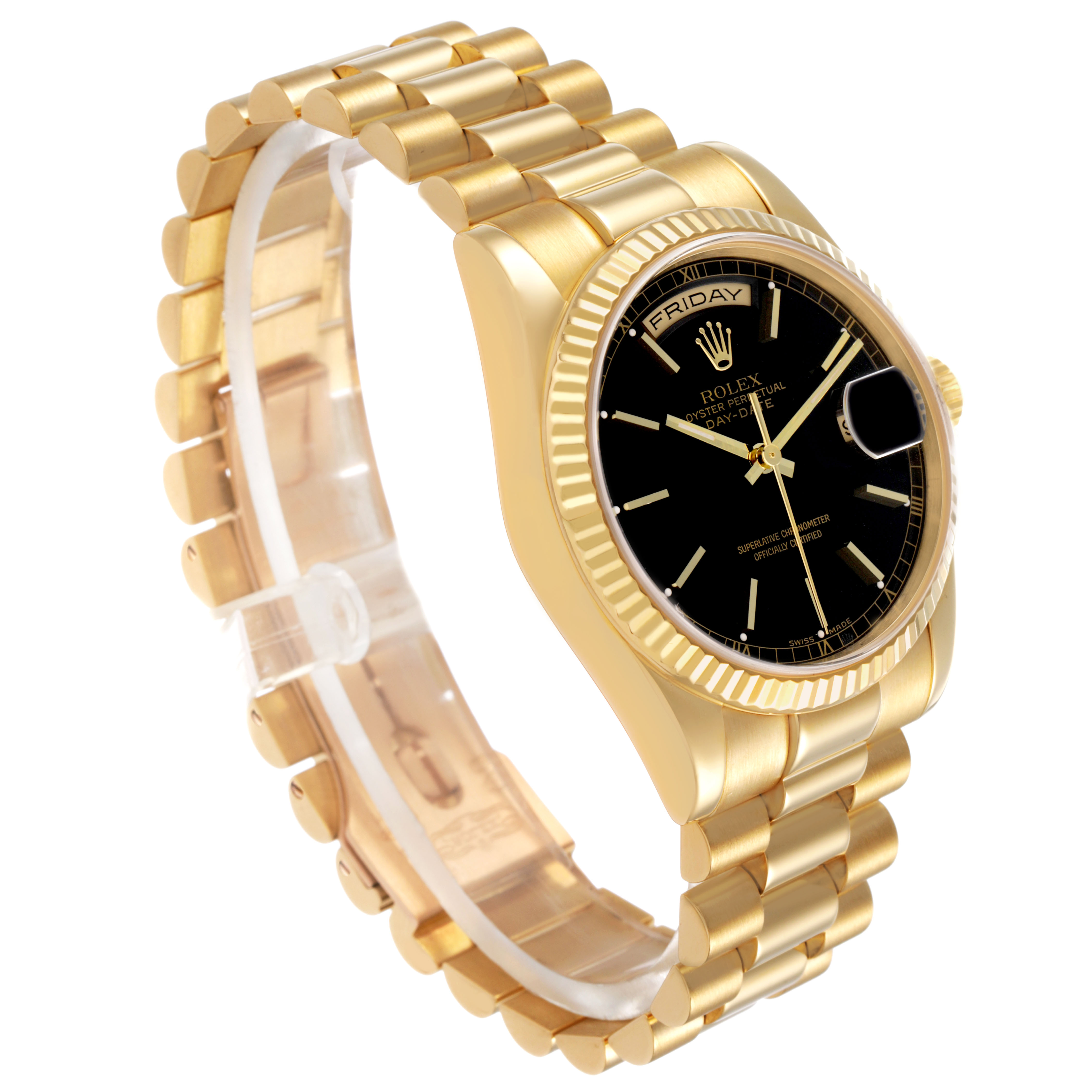 This Rolex President 118238 Men's Yellow Gold Black Dial model is displayed at a three-quarter angle, showing the gold bracelet, bezel, and dial with a day-date feature.