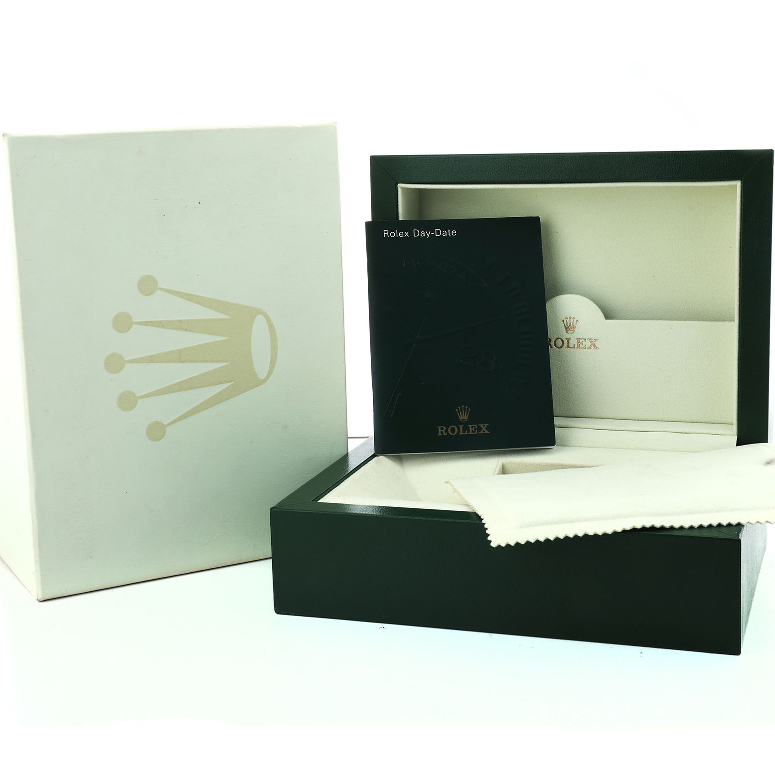 The image shows the packaging and accessories of a Rolex President 118238 Men's Yellow Gold Black Dial model, including a box, a booklet, and a cleaning cloth.