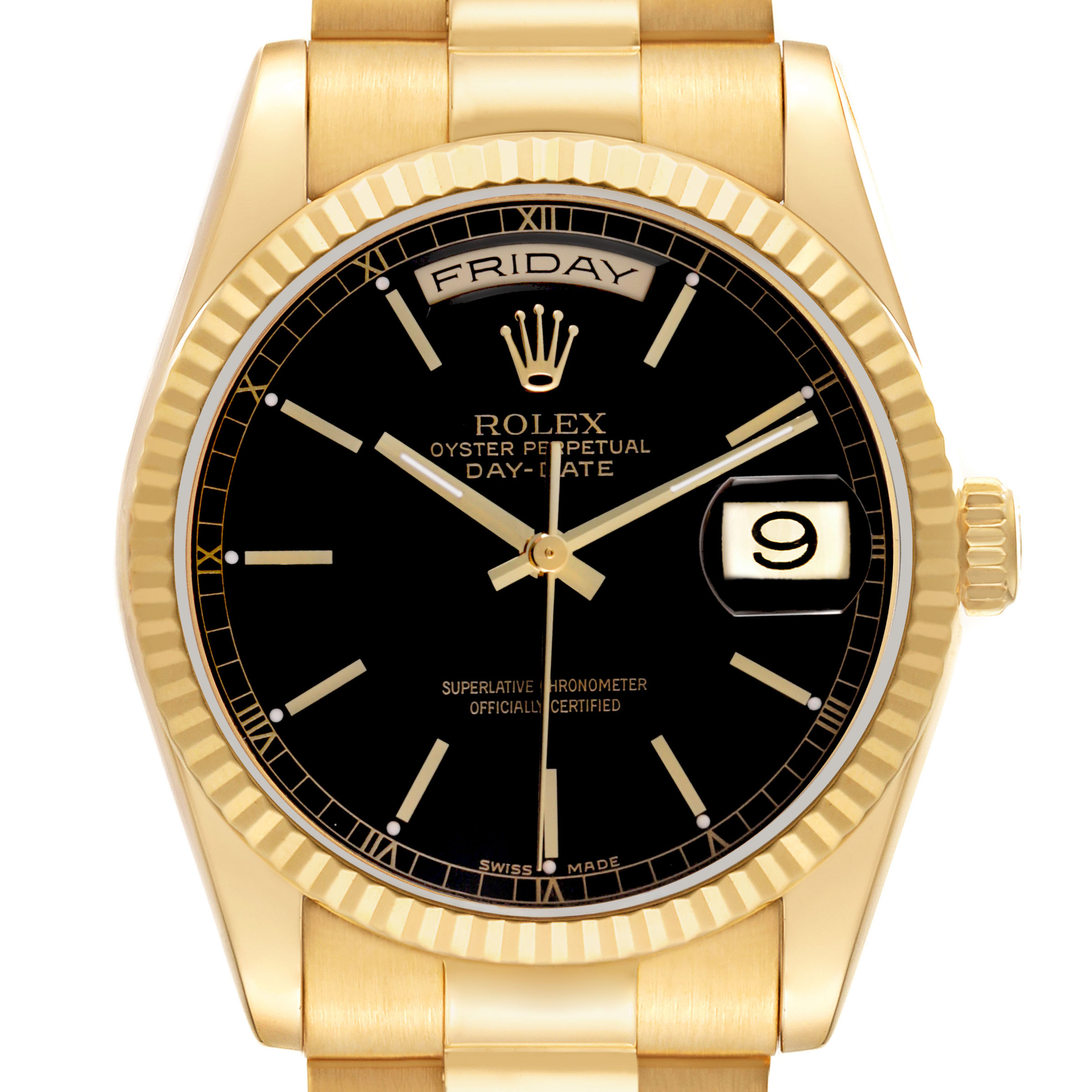 The image shows a Rolex President 118238 Men's Yellow Gold Black Dial model watch from a front angle, displaying the dial, day, date, and part of the bracelet.