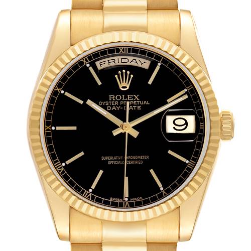 The Rolex President 118238 Men's Yellow Gold Black Dial model is shown from a front view, displaying its bezel, dial, and bracelet.