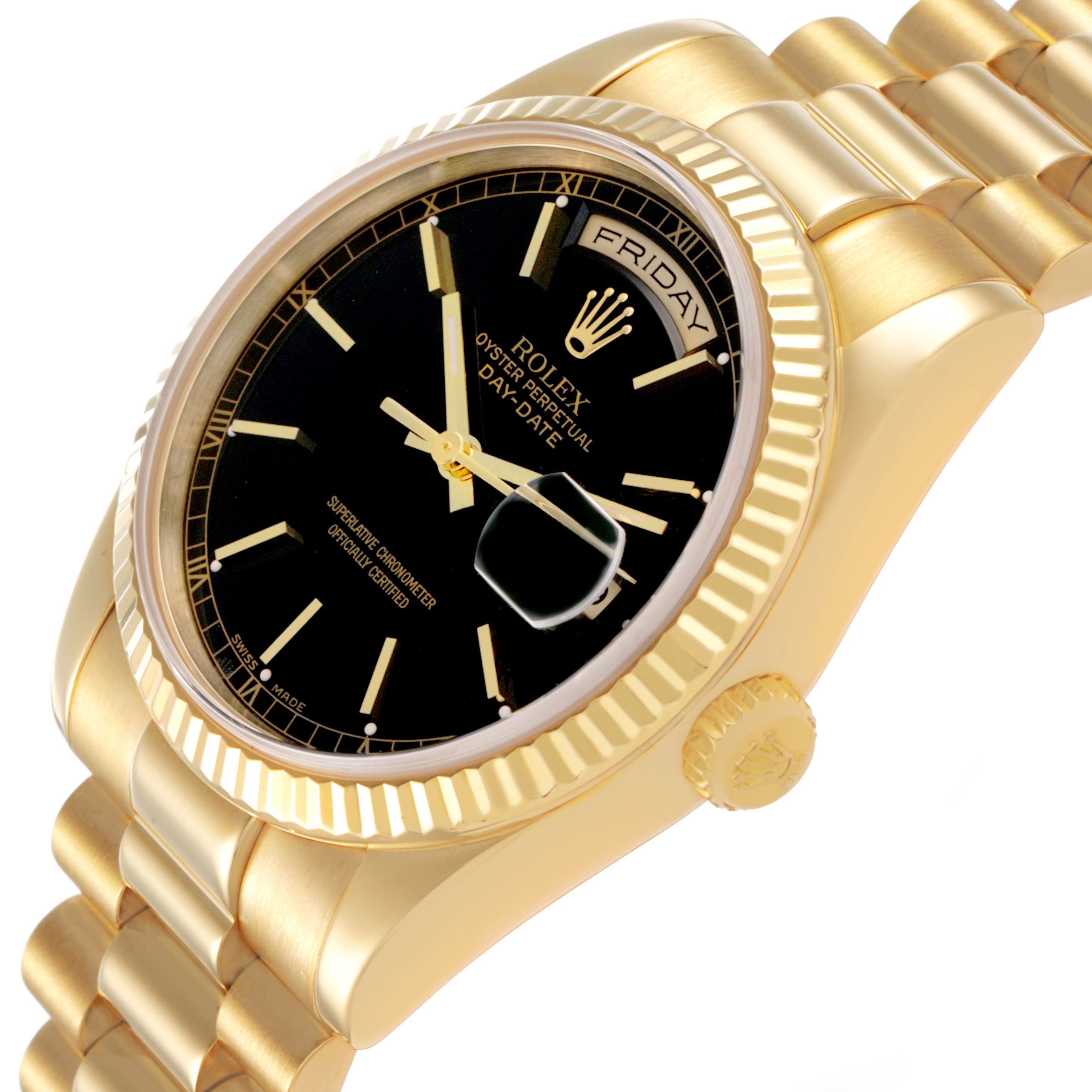 The Rolex President 118238 Men's Yellow Gold Black Dial watch is shown at an angle highlighting the face, bezel, crown, and part of the bracelet.
