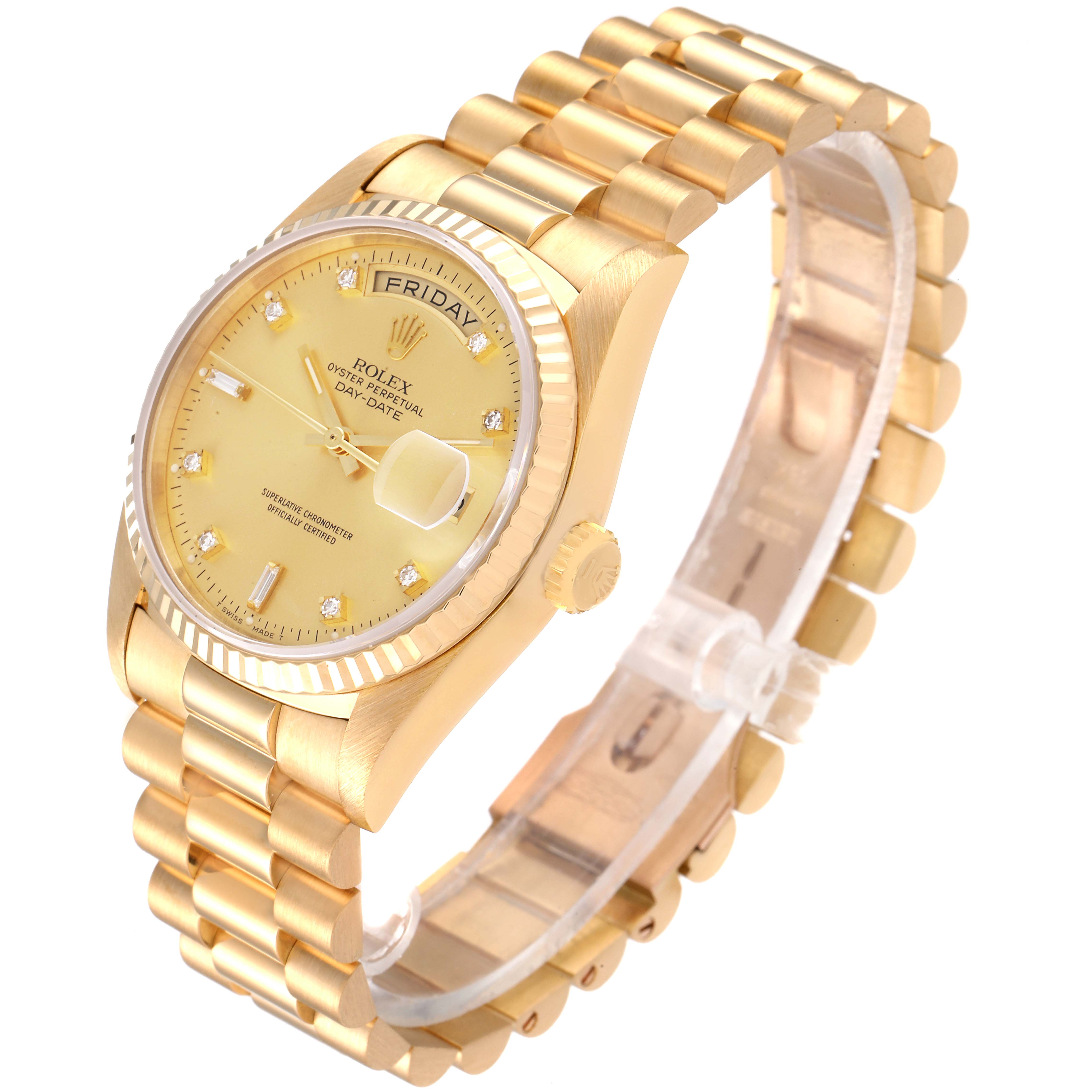 This image shows a Rolex President 18238 Men
s Yellow Gold Champagne Dial 18238 Men
s Yellow Gold Champagne Dial model watch at a three-quarter angle, highlighting its face, bezel, crown, and bracelet.