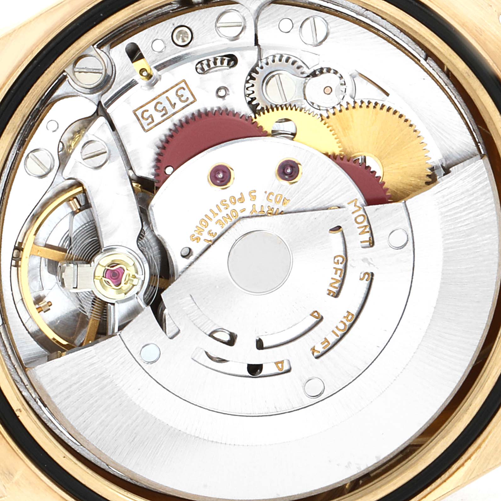 The image shows an internal view of the Rolex President 18238 Men
s Yellow Gold Champagne Dial 18238 Men
s Yellow Gold Champagne Dial model watch, showcasing its intricate movement and gears.