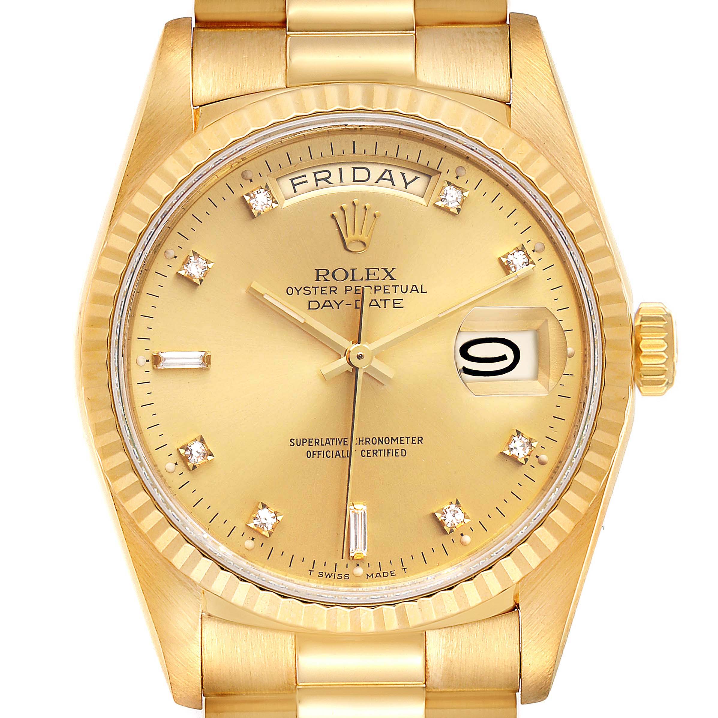 This image shows a close-up front view of a Rolex President 18238 Men
s Yellow Gold Champagne Dial 18238 Men
s Yellow Gold Champagne Dial model watch, highlighting the dial, day and date windows, and crown.