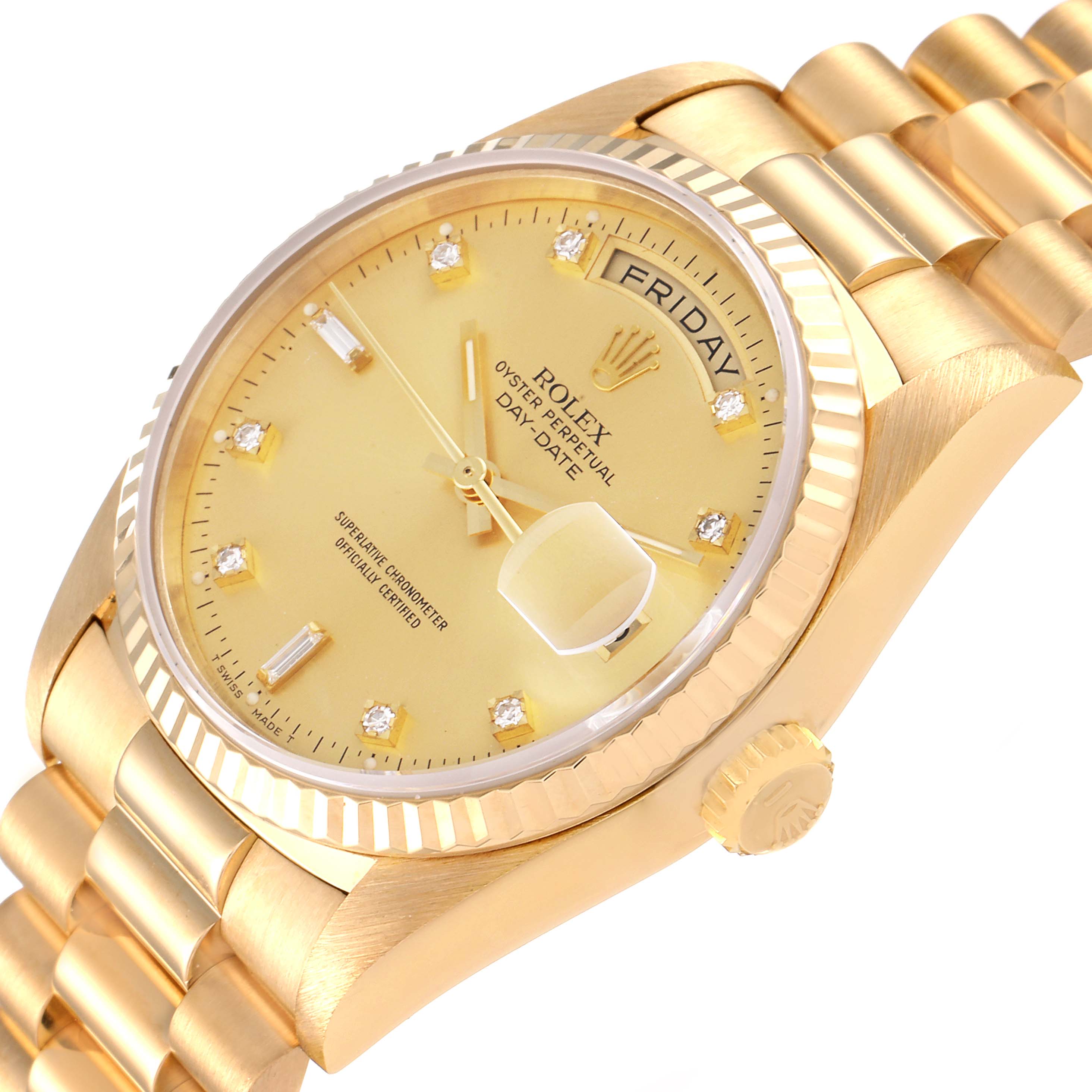 The image shows a close-up angle of the Rolex President 18238 Men
s Yellow Gold Champagne Dial 18238 Men
s Yellow Gold Champagne Dial model, highlighting its gold bracelet, dial, and day-date display.