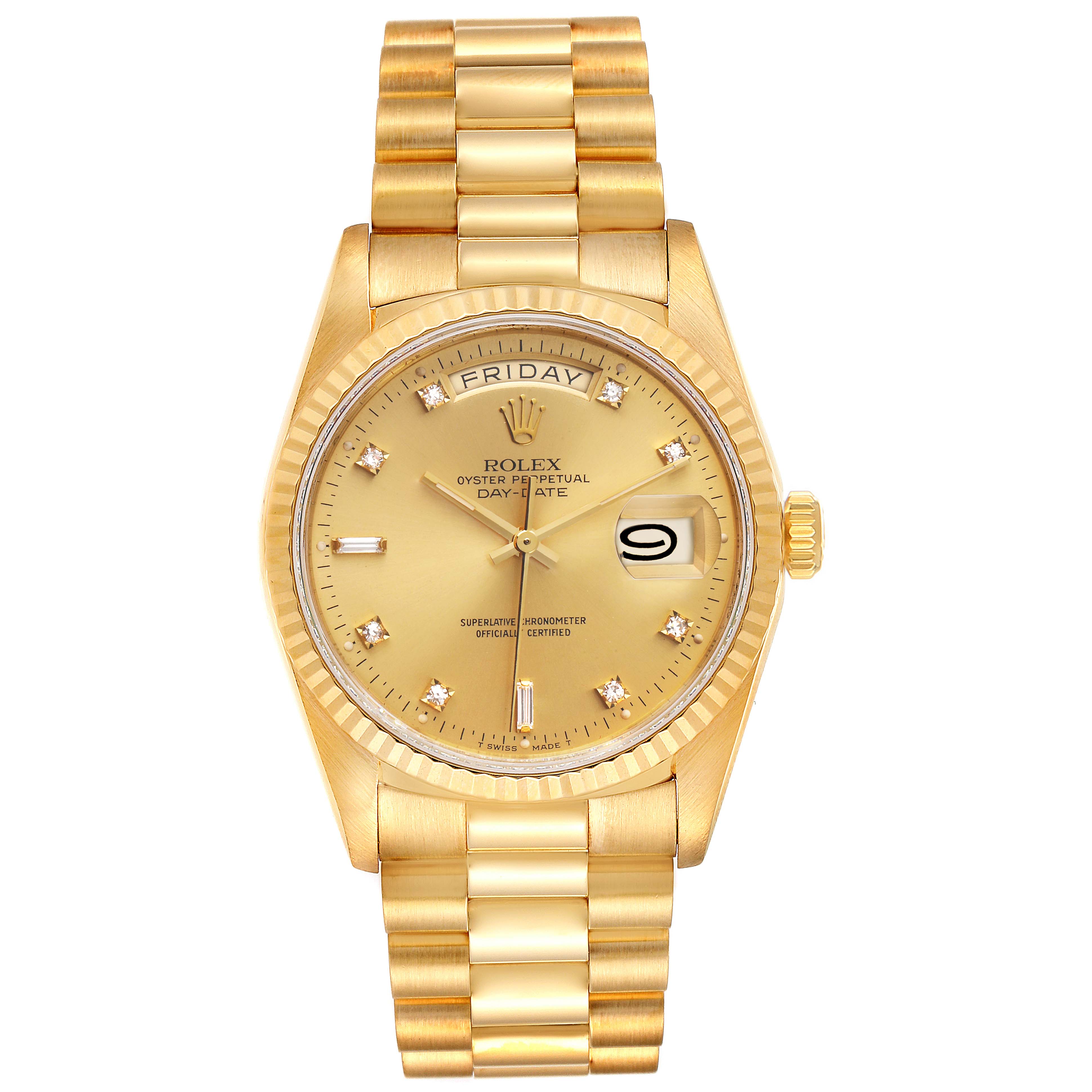 This image shows a front view of the Rolex President 18238 Men
s Yellow Gold Champagne Dial 18238 Men
s Yellow Gold Champagne Dial model watch, displaying its bracelet, dial, day, and date.