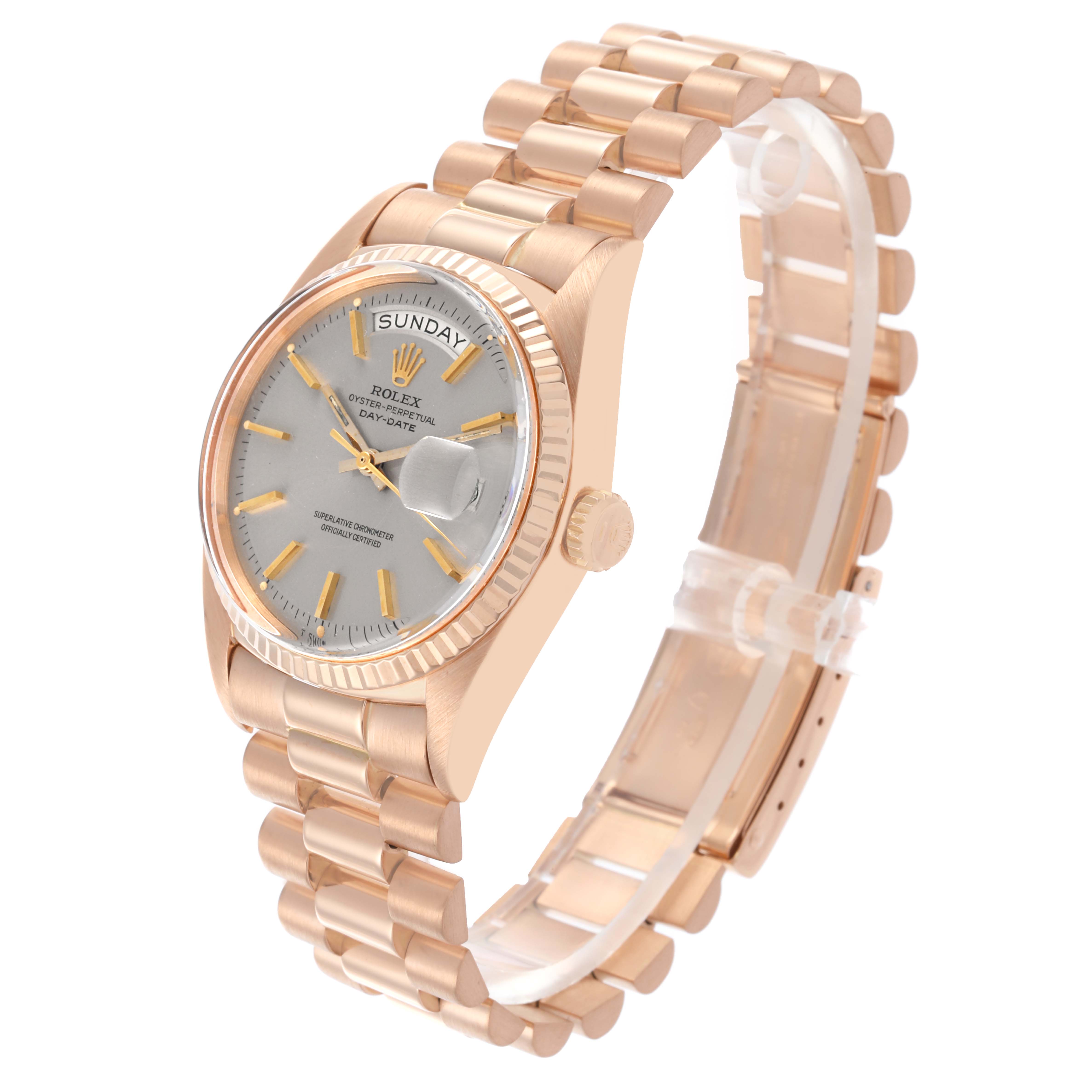 The Rolex President 1803 Men's Rose Gold Silver Dial 1803 Men's Rose Gold Silver Dial watch is shown at an angled side view, featuring the face, bezel, and bracelet.