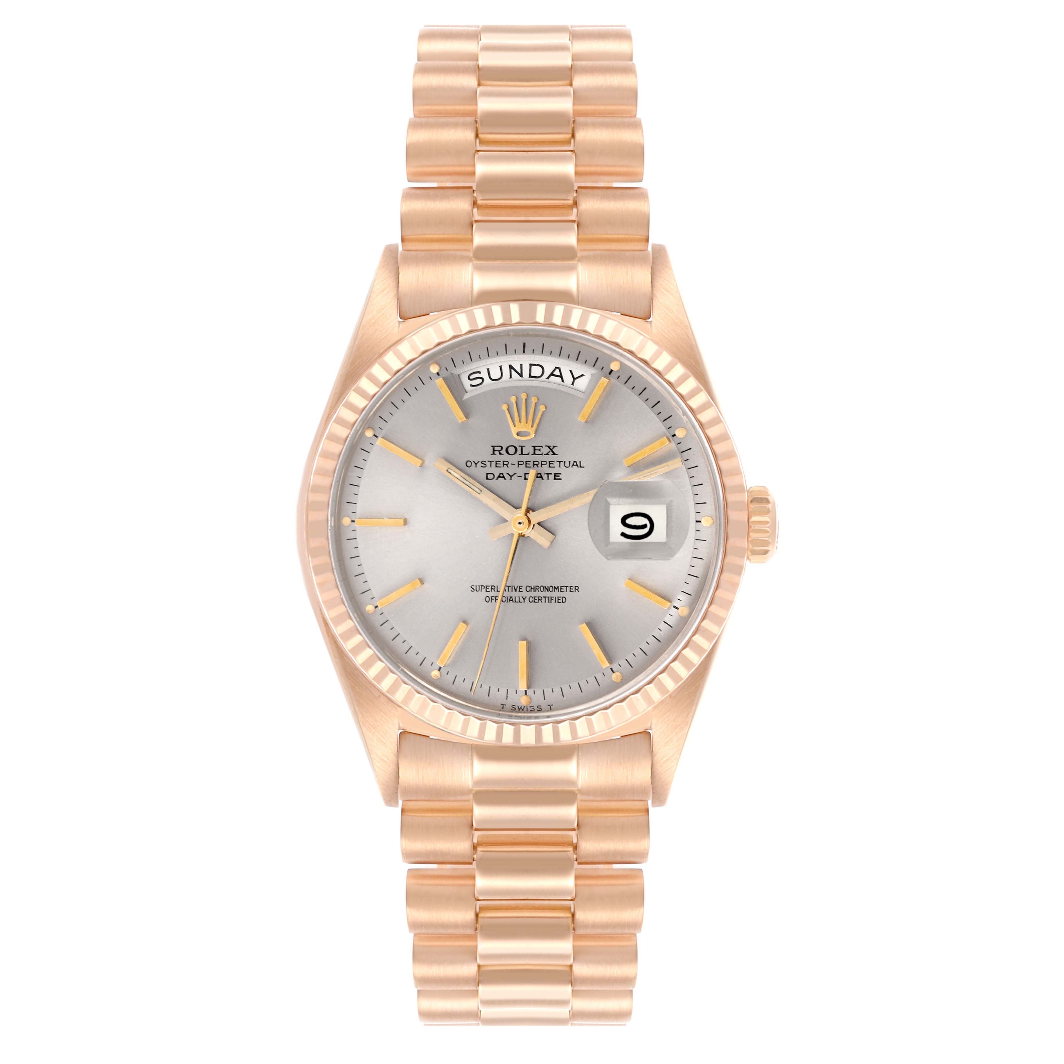 The Rolex President 1803 Men's Rose Gold Silver Dial 1803 Men's Rose Gold Silver Dial model is shown from the front, featuring its dial, bezel, and bracelet.