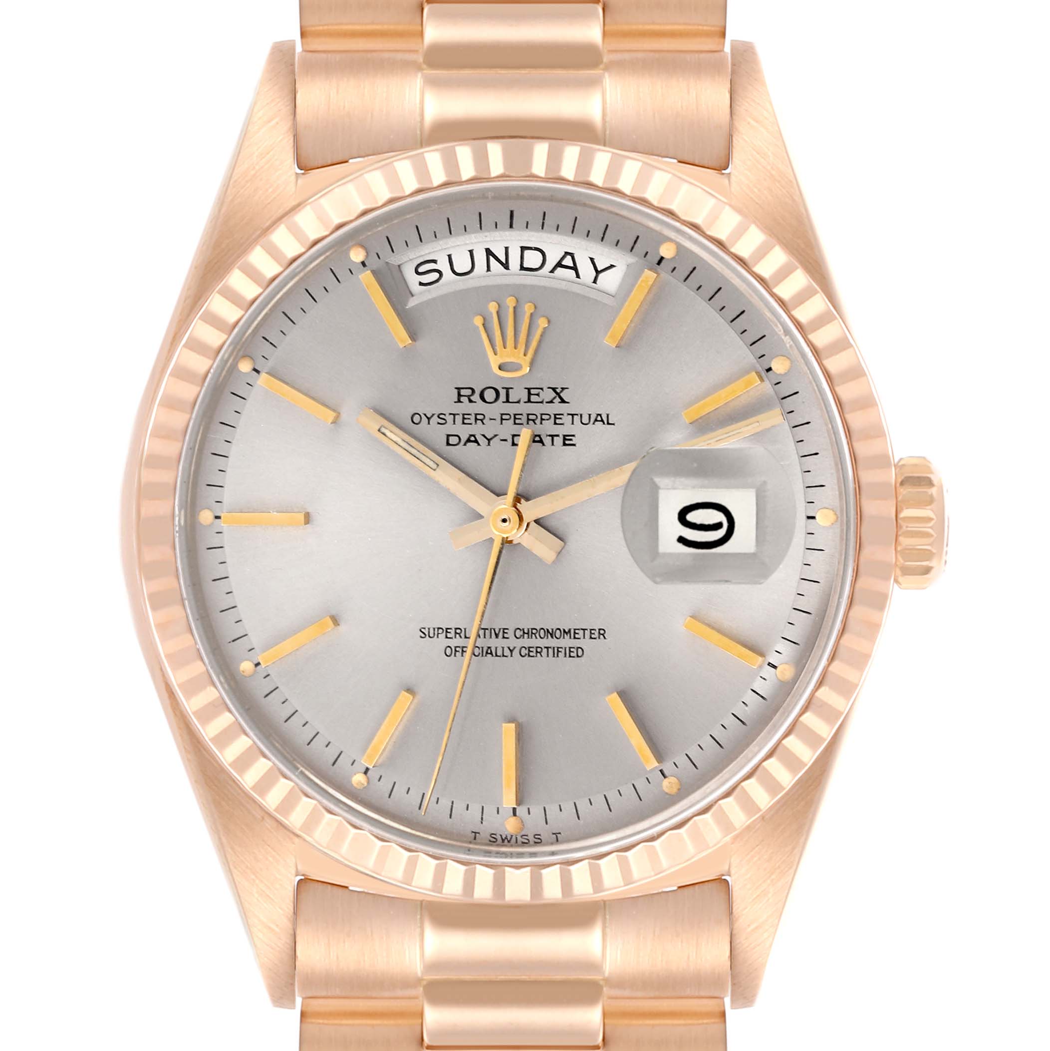 The image shows a frontal view of the Rolex President 1803 Men's Rose Gold Silver Dial 1803 Men's Rose Gold Silver Dial watch, highlighting its dial, day-date window, and fluted bezel.