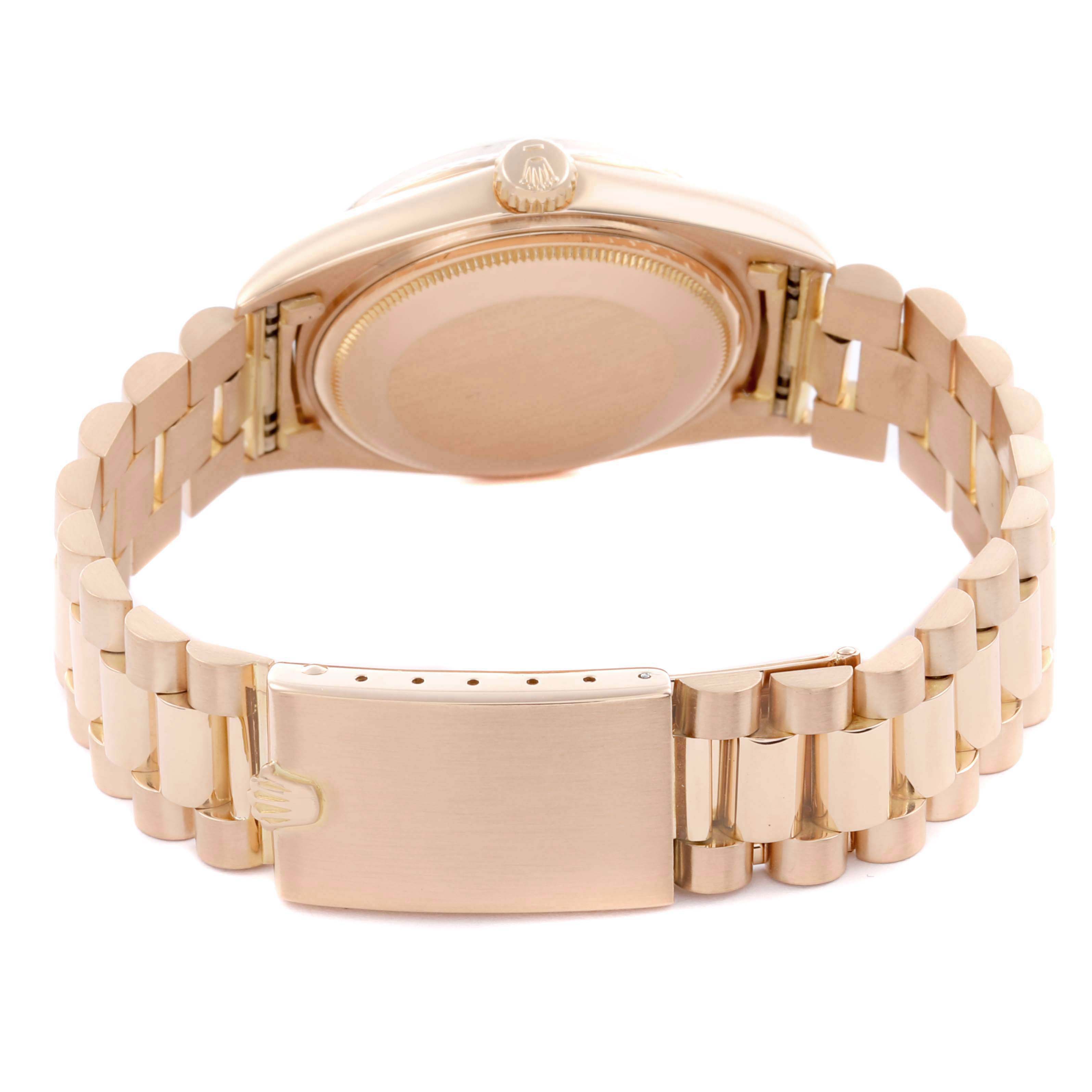 The image shows the back of a Rolex President 1803 Men's Rose Gold Silver Dial 1803 Men's Rose Gold Silver Dial model watch with its bracelet and clasp visible.