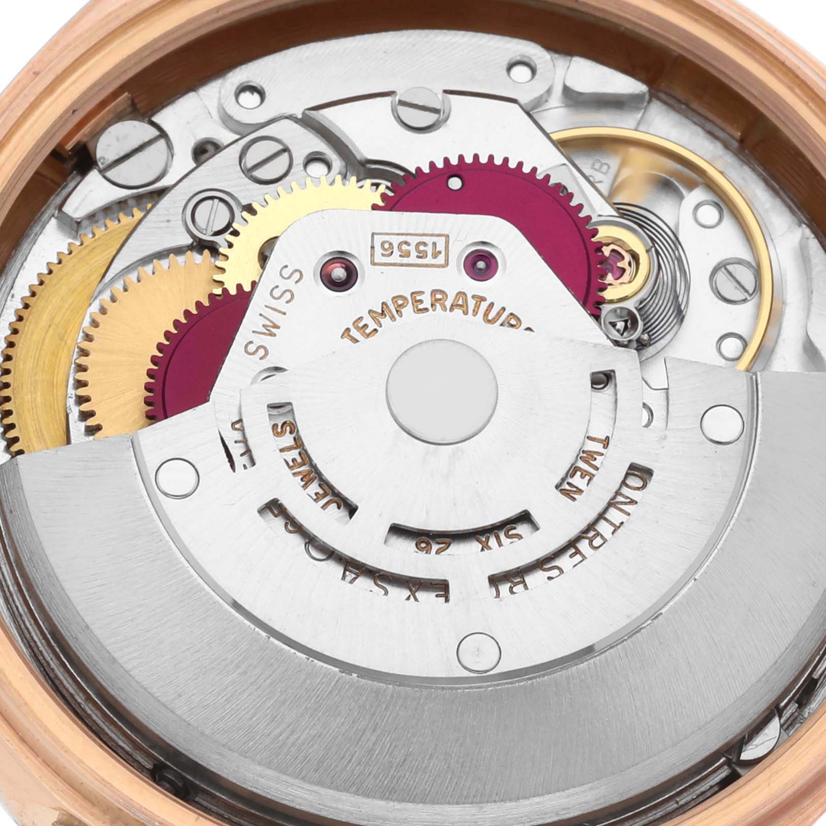 The image shows a close-up view of the Rolex President 1803 Men's Rose Gold Silver Dial 1803 Men's Rose Gold Silver Dial model's intricate movement components.