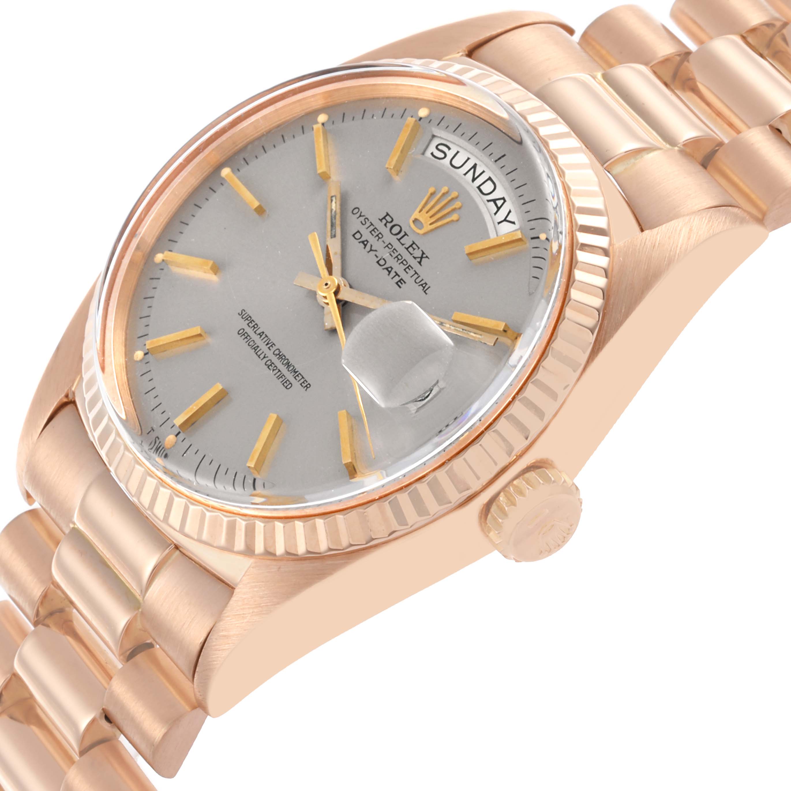 The image shows a Rolex President 1803 Men's Rose Gold Silver Dial 1803 Men's Rose Gold Silver Dial model watch at an angled view, highlighting the face, bezel, crown, and part of the bracelet.