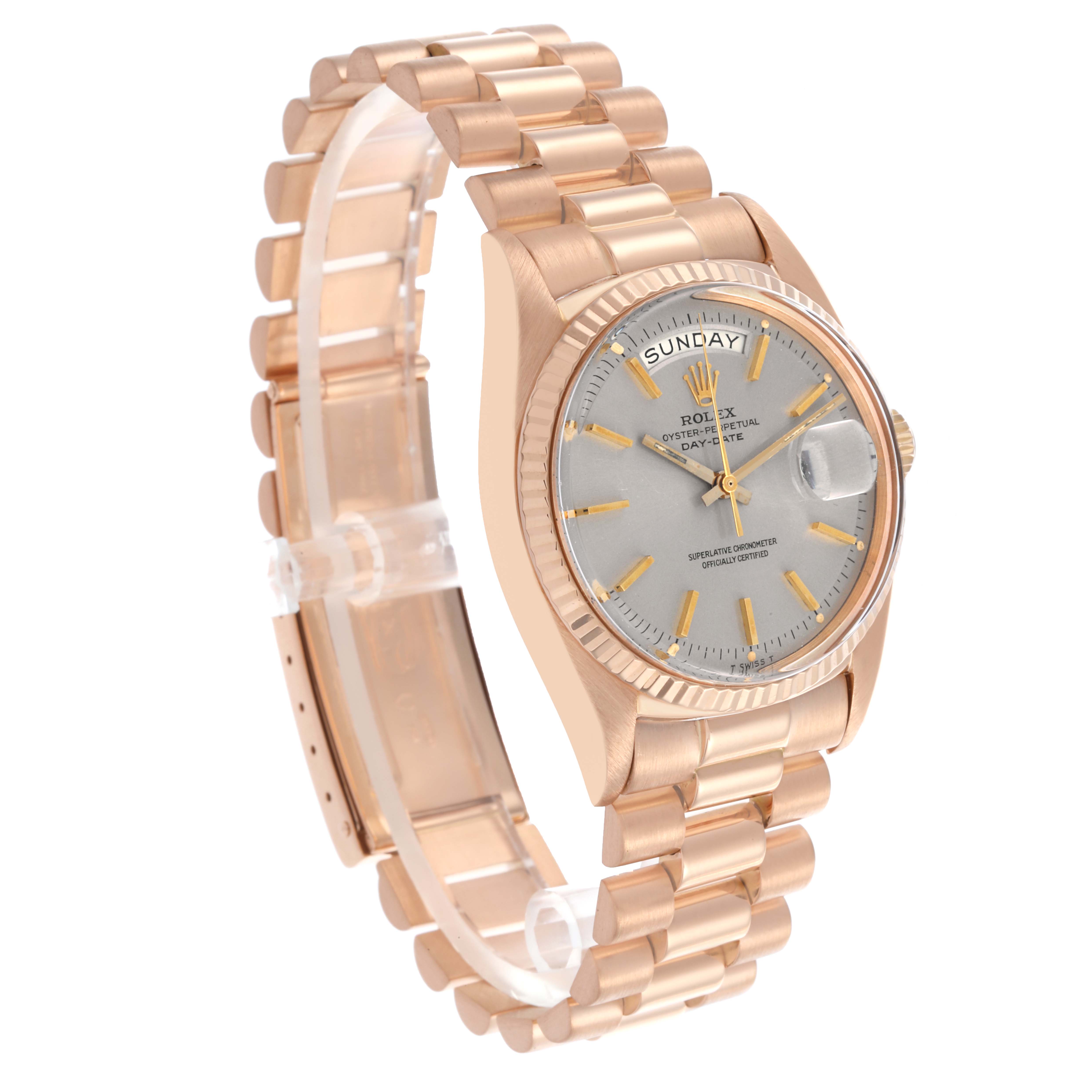 The Rolex President 1803 Men's Rose Gold Silver Dial 1803 Men's Rose Gold Silver Dial model watch is shown from an angled side view, displaying its face, bracelet, and fluted bezel.