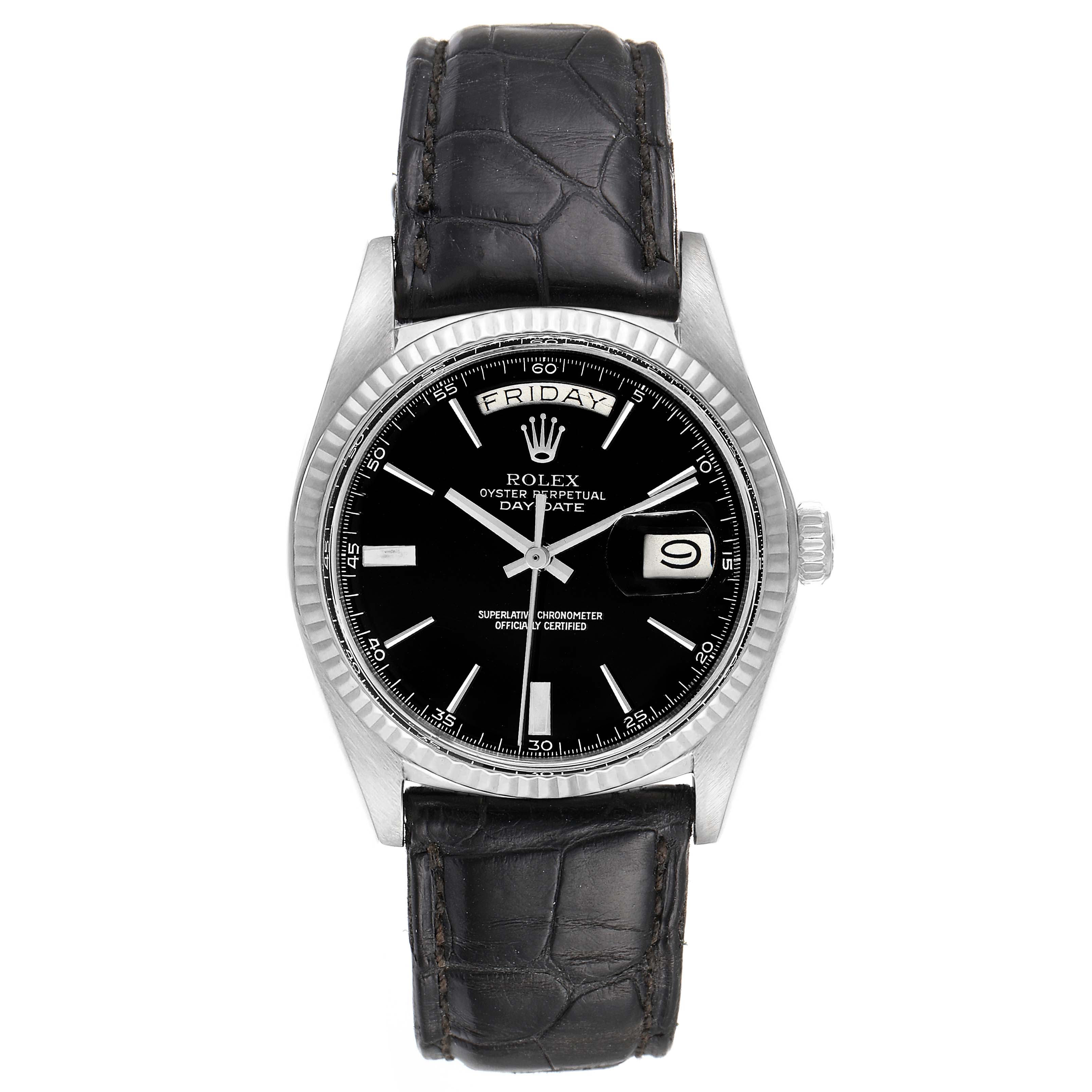 This image shows a Rolex President 1803 Men's White Gold Black Dial 1803 Men's White Gold Black Dial model watch from a top-down angle, revealing the face, crown, and leather strap.