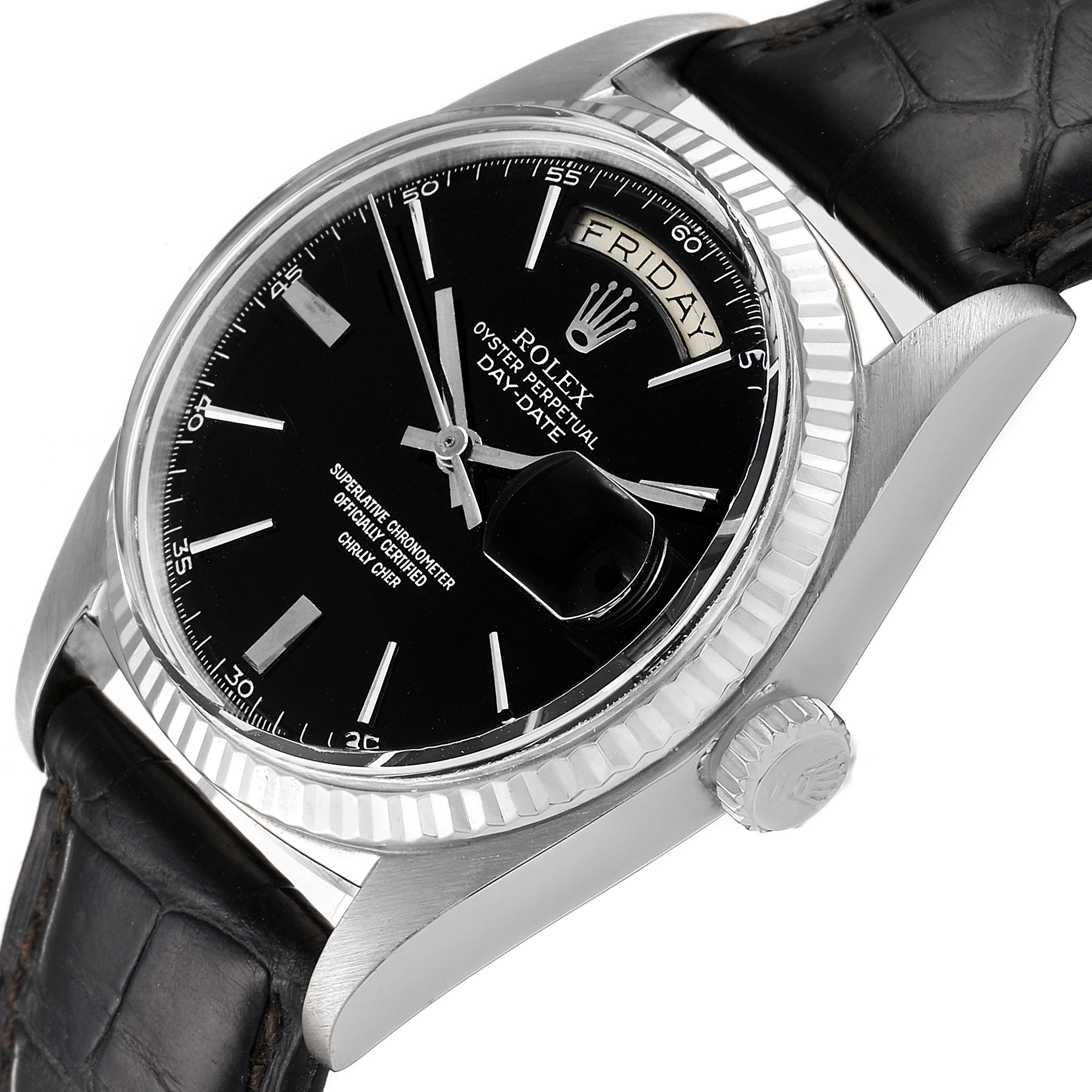 This image shows a close-up of the Rolex President 1803 Men's White Gold Black Dial 1803 Men's White Gold Black Dial model watch, highlighting the dial, bezel, crown, and leather strap.