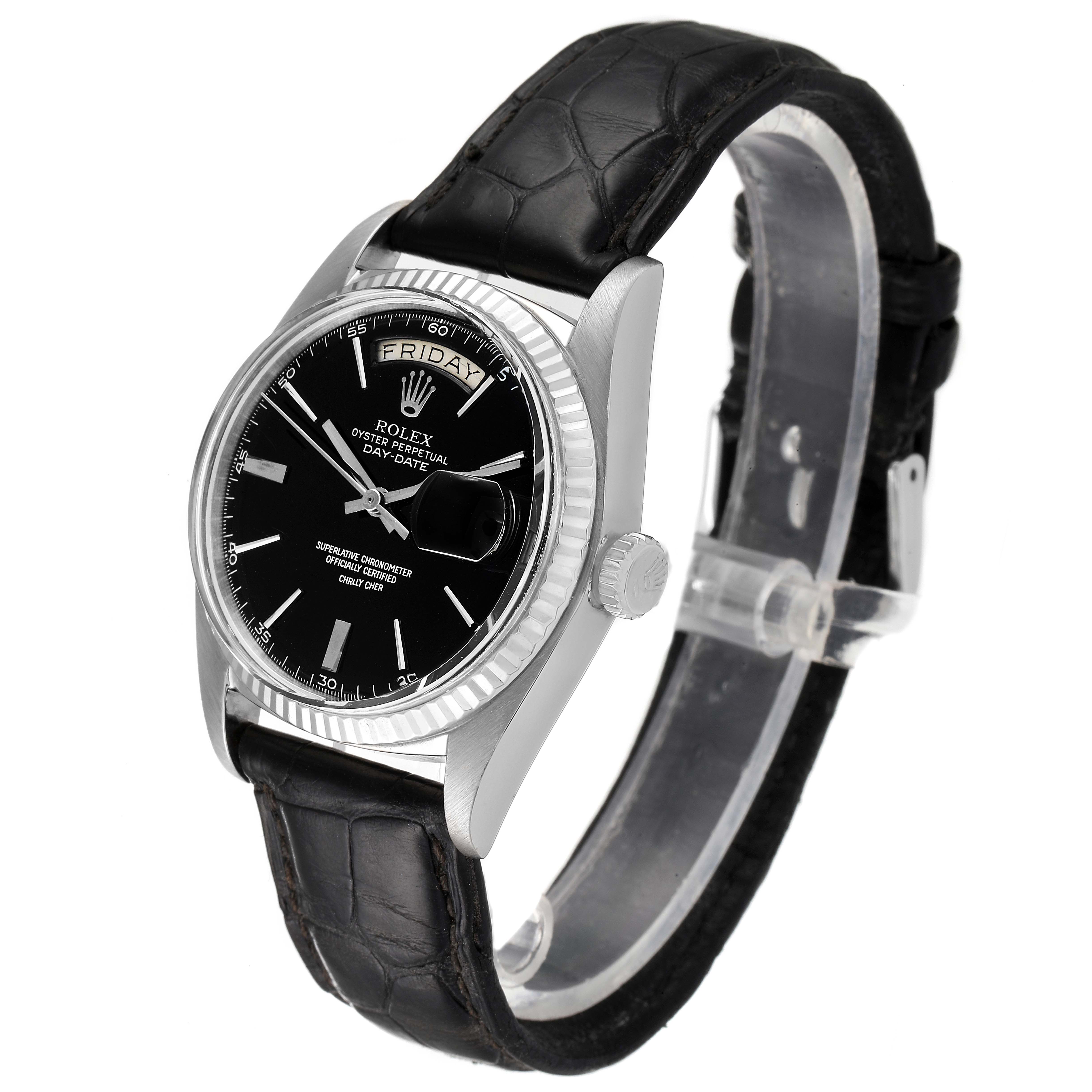 The Rolex President 1803 Men's White Gold Black Dial 1803 Men's White Gold Black Dial model watch is shown at a slight angle, displaying the face, bezel, and part of the leather strap.