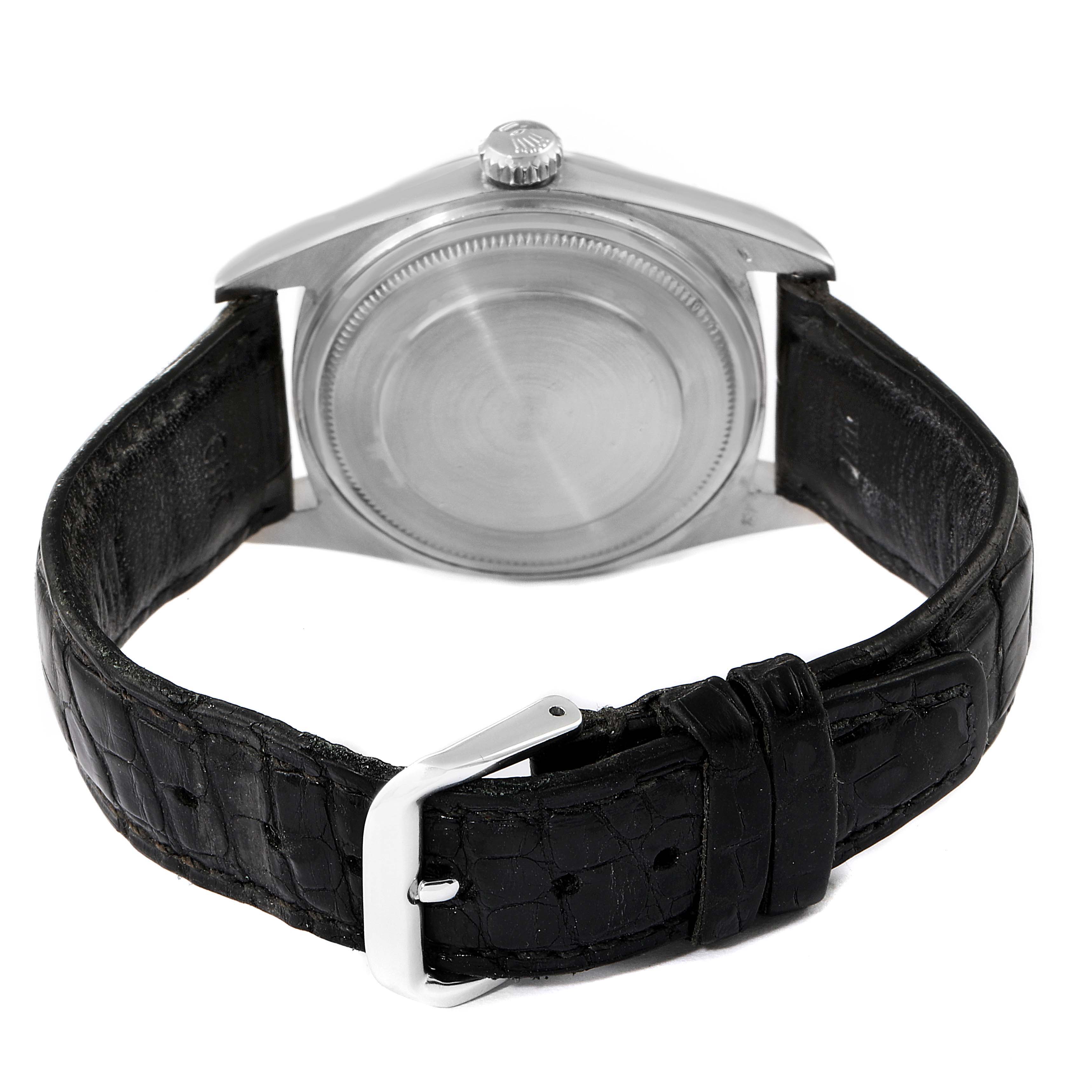 The image shows the back case and leather strap of a Rolex President 1803 Men's White Gold Black Dial 1803 Men's White Gold Black Dial model watch from a rear angle.