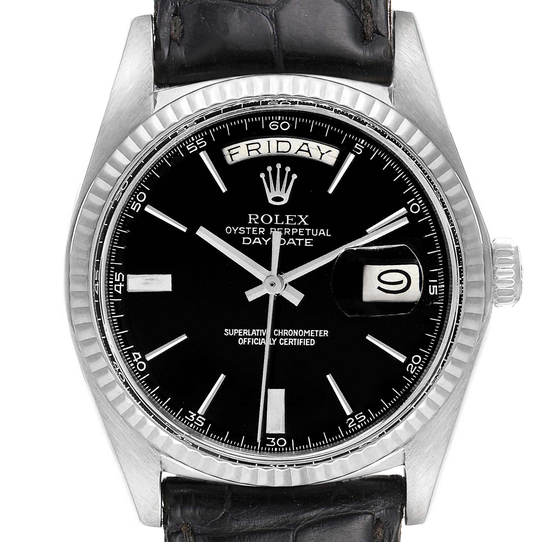 The image shows a front view of a Rolex President 1803 Men's White Gold Black Dial 1803 Men's White Gold Black Dial Day-Date watch, displaying the face, fluted bezel, hands, and leather strap.