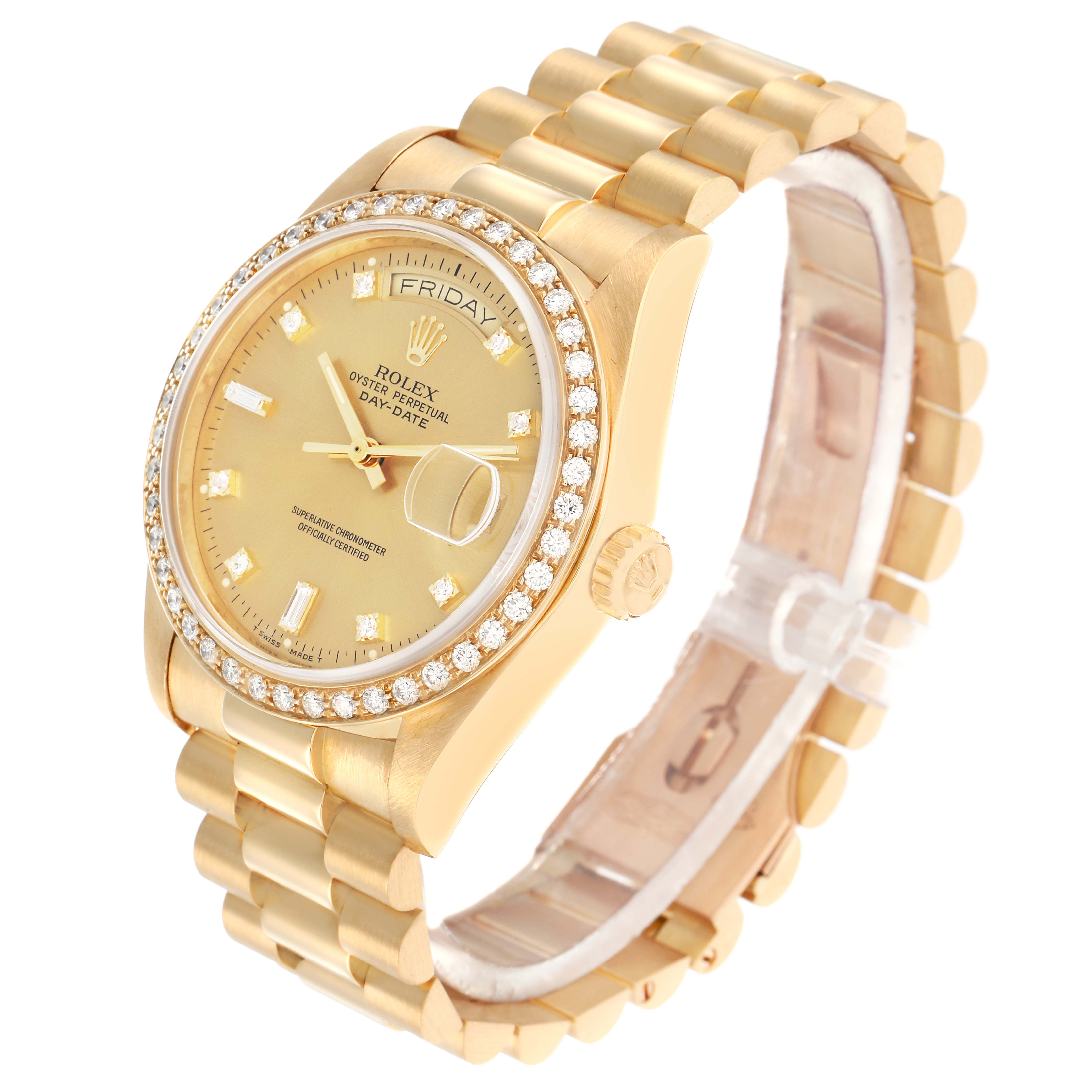 The Rolex President 18048 Men
s Yellow Gold Champagne Dial model watch is shown at an angled top view, highlighting the face, bezel, band, and crown.