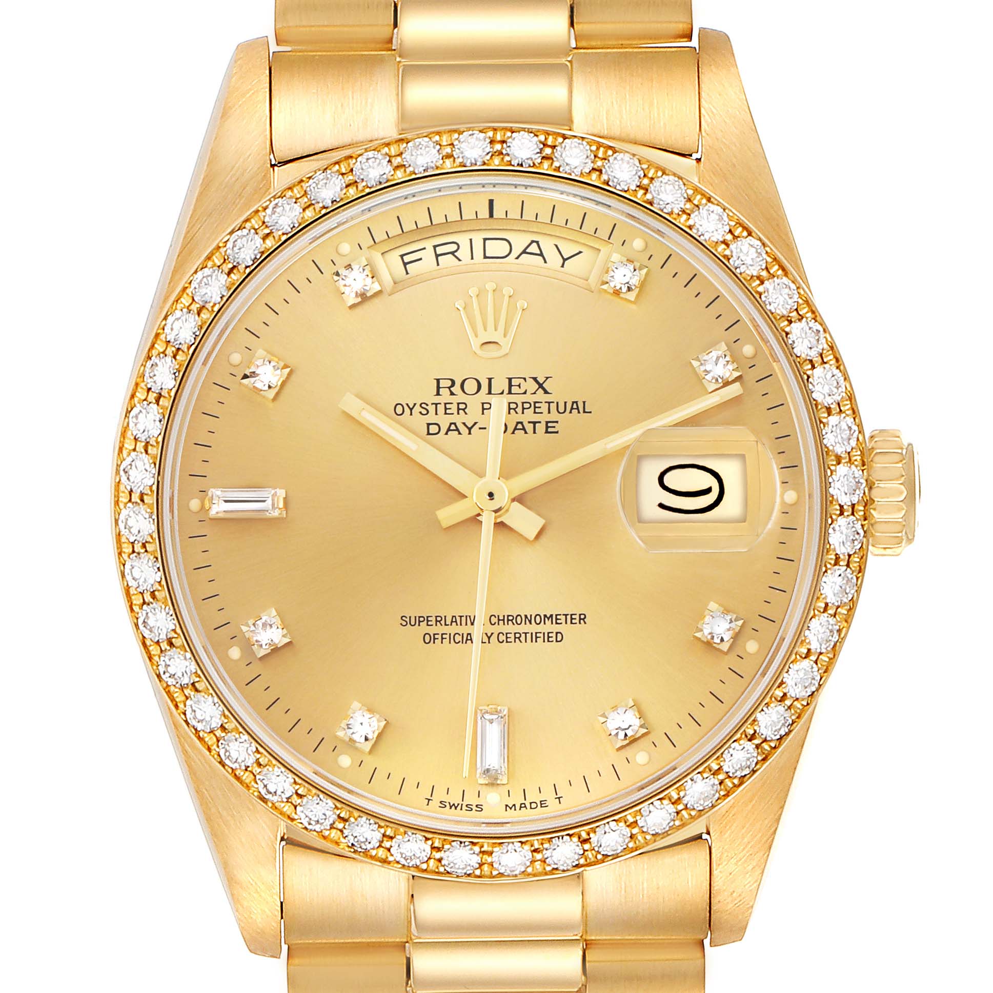 The Rolex President 18048 Men
s Yellow Gold Champagne Dial model is shown from a top view, highlighting the dial, bezel, day, and date features.