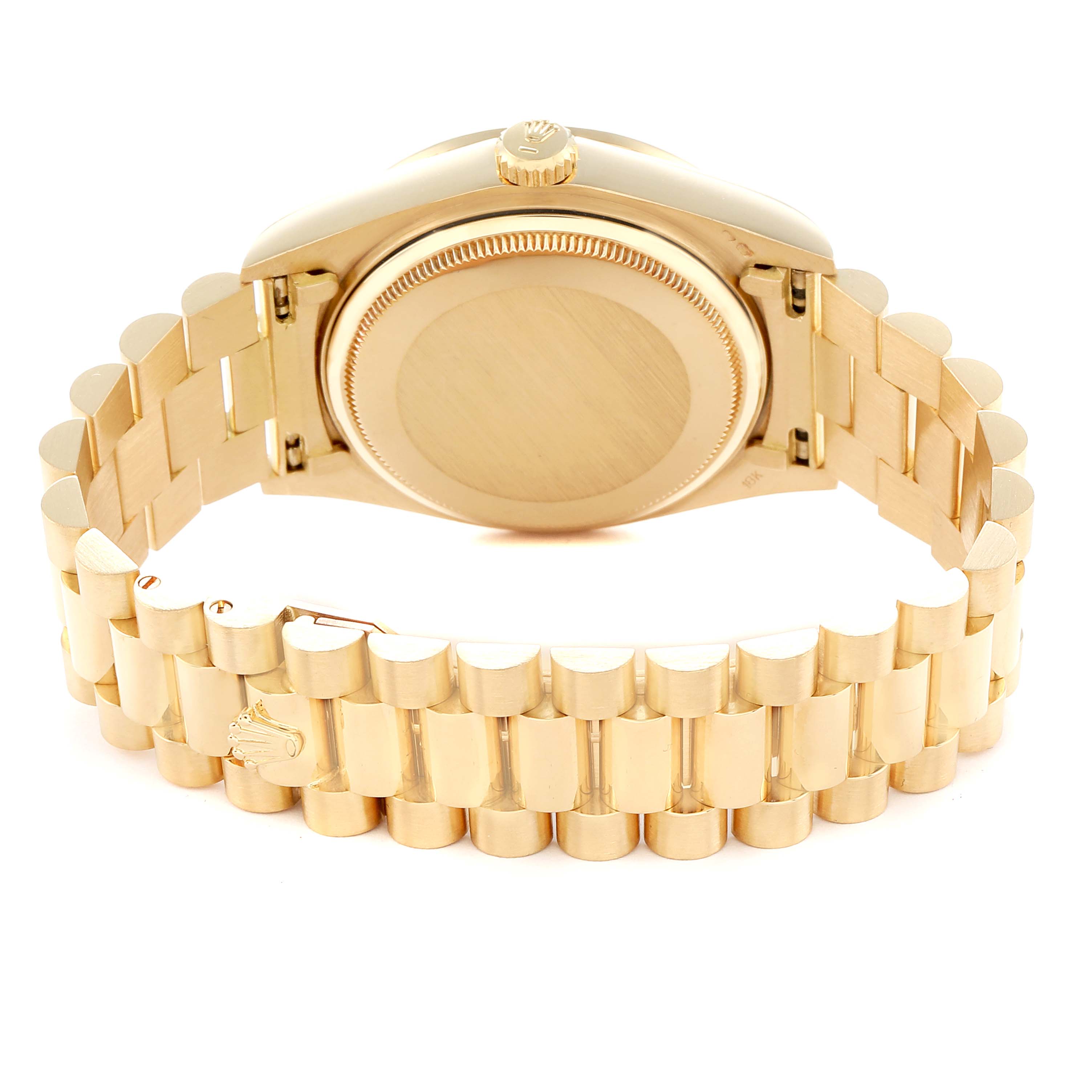 The image shows the back and bracelet of a Rolex President 18048 Men
s Yellow Gold Champagne Dial model, highlighting the gold case and link design.