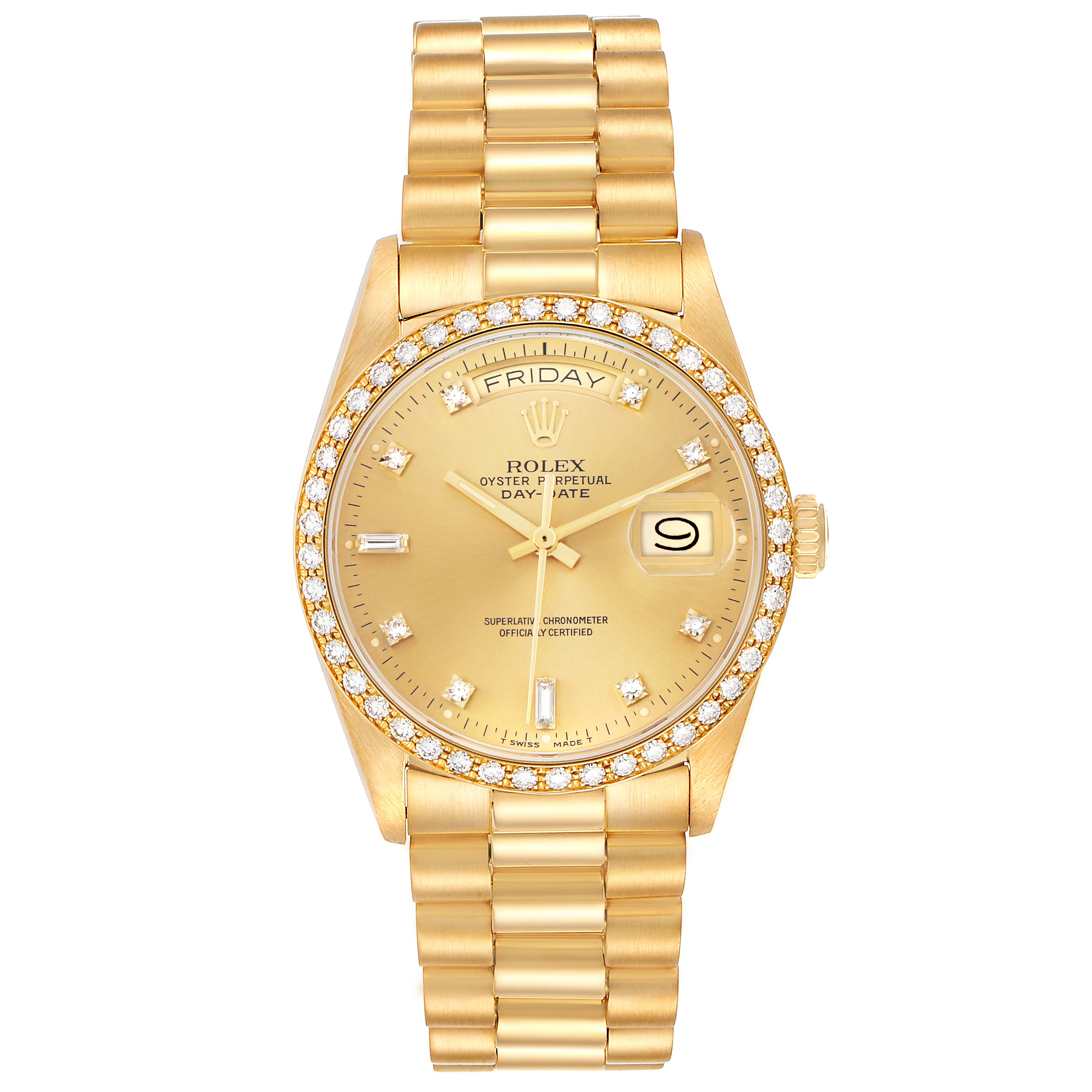 The Rolex President 18048 Men
s Yellow Gold Champagne Dial model watch is shown from a top view, highlighting the gold bracelet, diamond-encrusted bezel, and detailed dial.