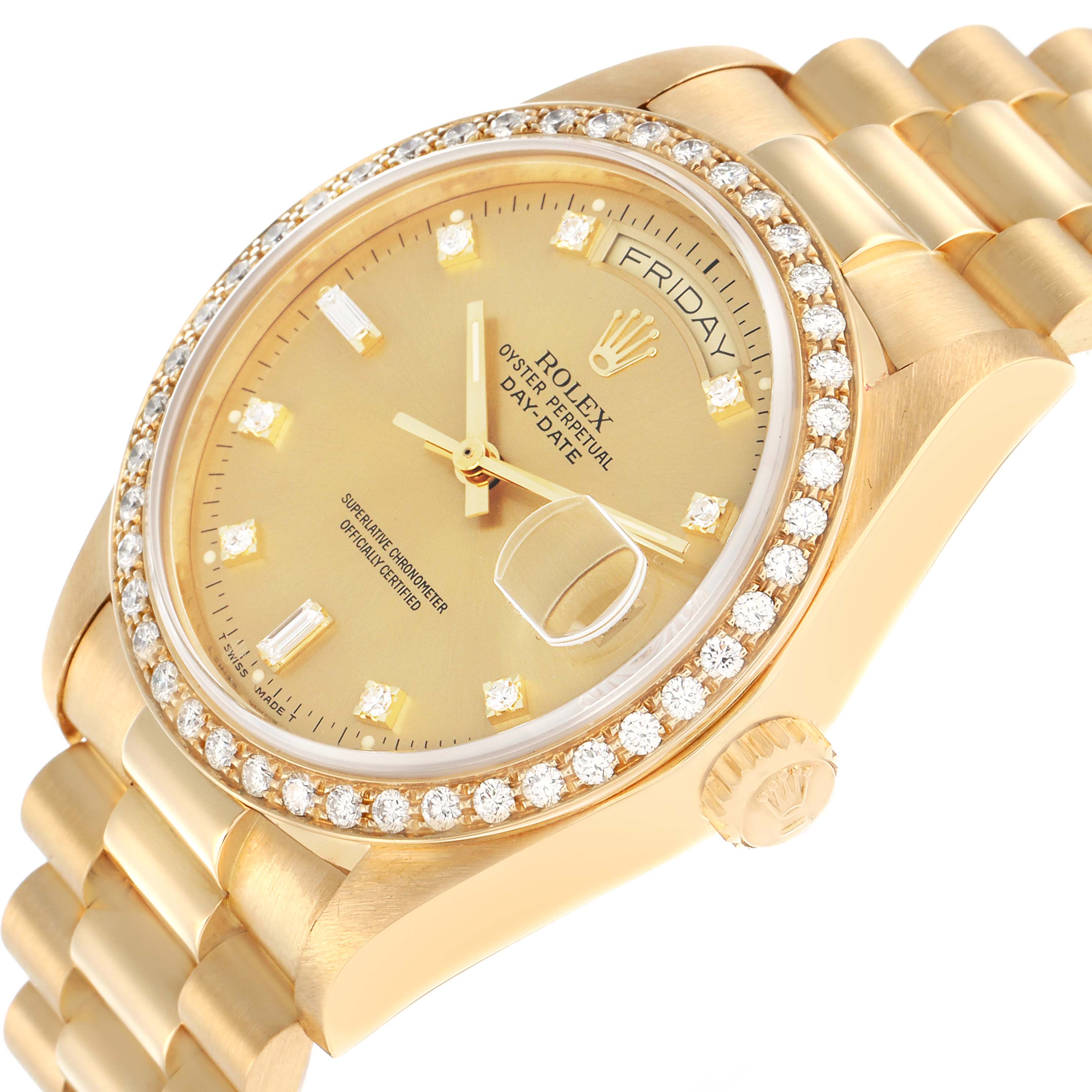 The Rolex President 18048 Men
s Yellow Gold Champagne Dial model watch is shown at an angled close-up, highlighting the face, bezel with diamonds, crown, and part of the bracelet.