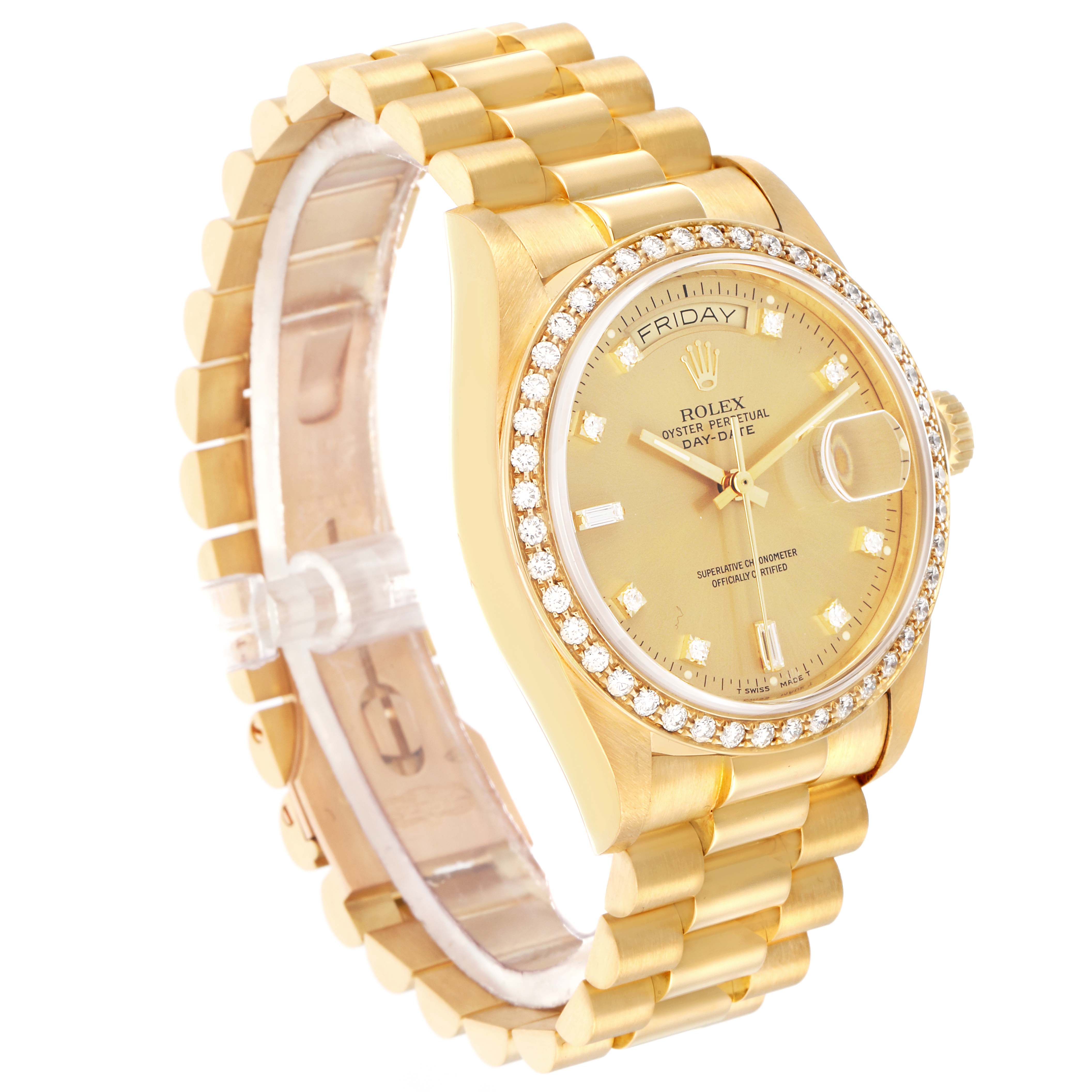 The Rolex President 18048 Men
s Yellow Gold Champagne Dial model watch is shown at a three-quarter angle, highlighting the bezel, dial, bracelet, and side profile.