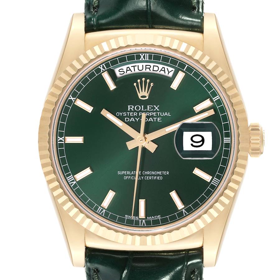 The Rolex President model is shown from the front, highlighting the dial, bezel, hands, and day-date features.