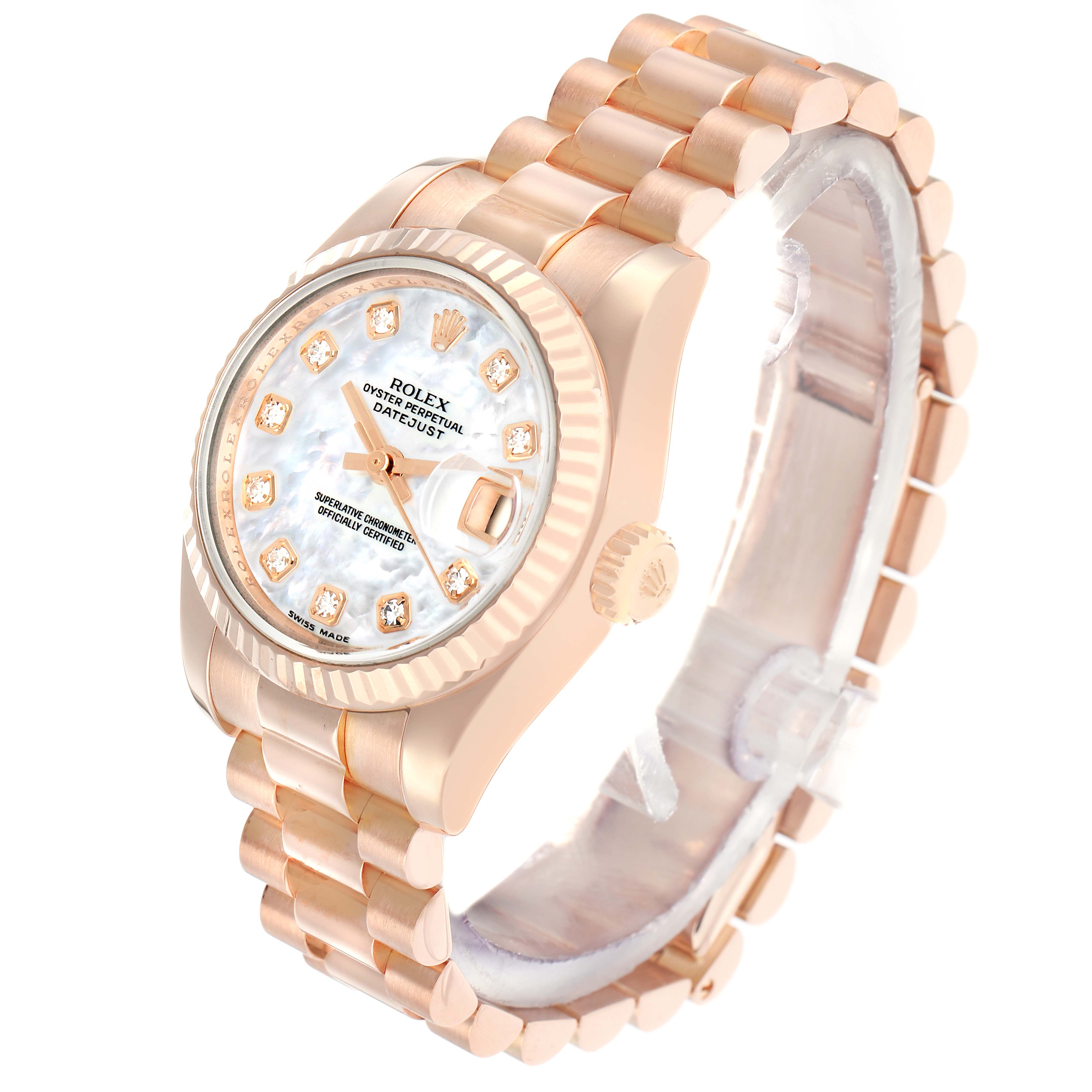The Rolex President 179175 Women
s Rose Gold Mother of Pearl Dial model watch is shown at a slight angle, highlighting the dial, bezel, and bracelet.