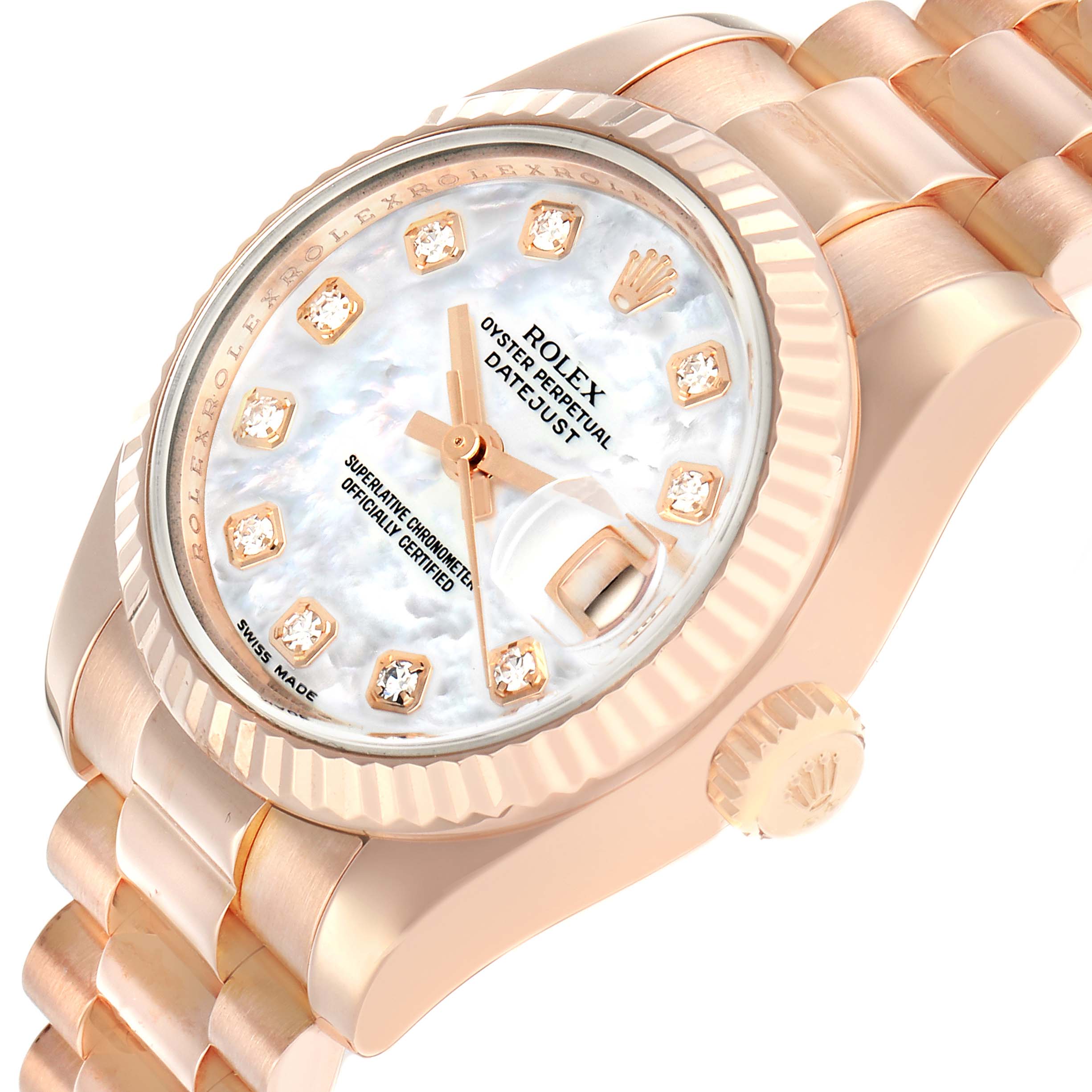 The image shows a Rolex President 179175 Women
s Rose Gold Mother of Pearl Dial model watch from an angled top view, displaying the dial, bezel, crown, and bracelet.