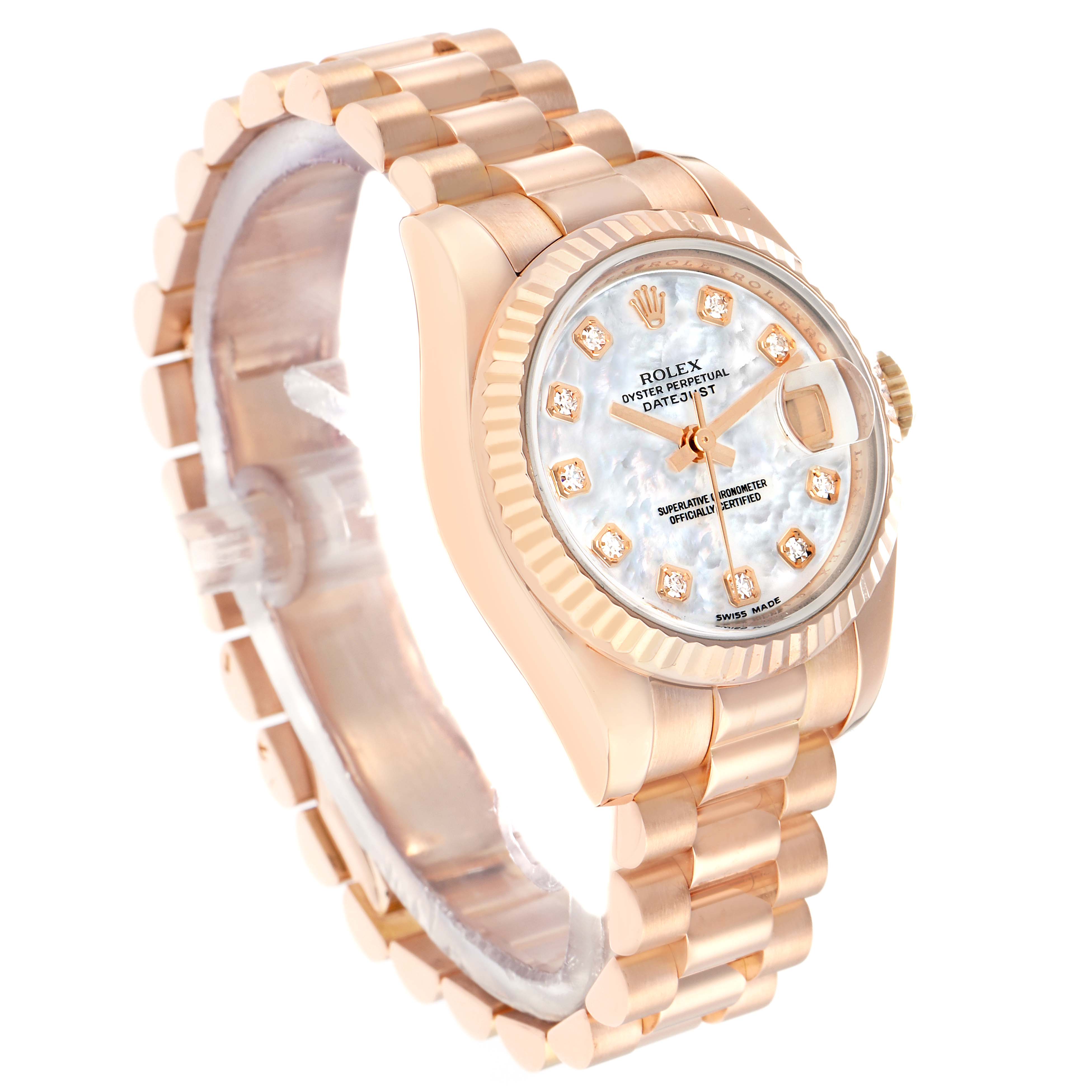The Rolex President 179175 Women
s Rose Gold Mother of Pearl Dial watch is shown at a three-quarter angle, displaying the dial, bezel, and bracelet prominently.