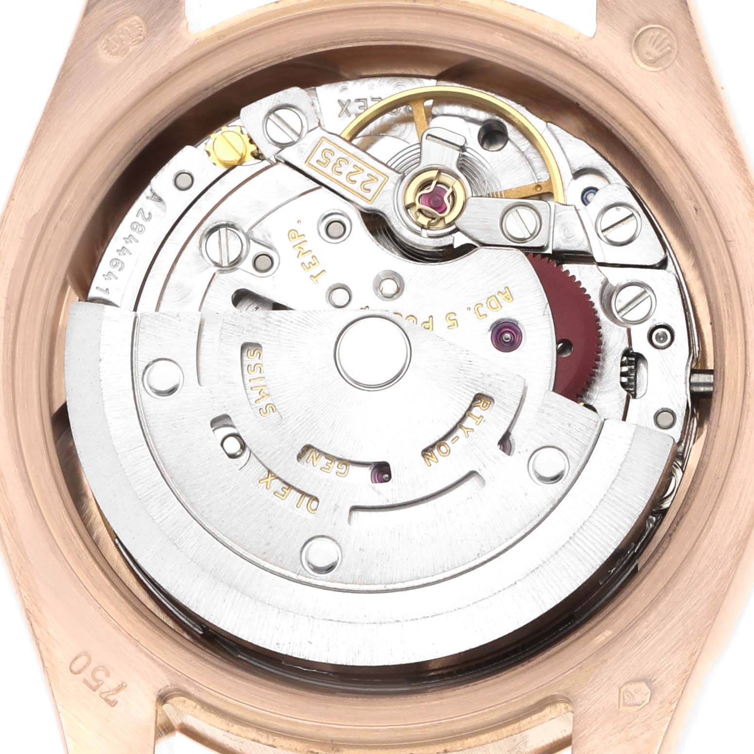 The image shows the back view of the Rolex President 179175 Women
s Rose Gold Mother of Pearl Dial model, revealing its movement and inner mechanism.