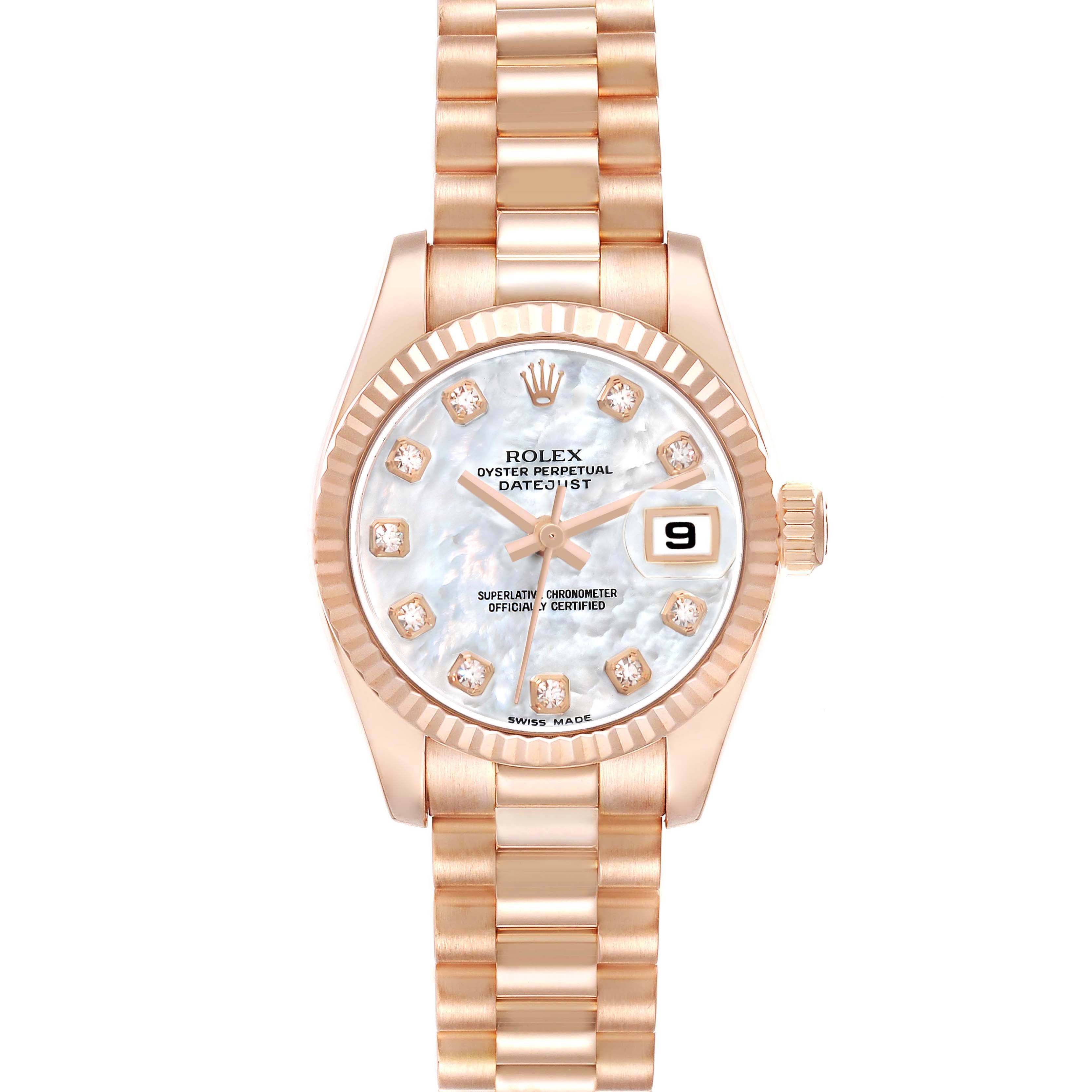 The Rolex President 179175 Women
s Rose Gold Mother of Pearl Dial watch is shown from the front, displaying the face, bracelet, and crown.