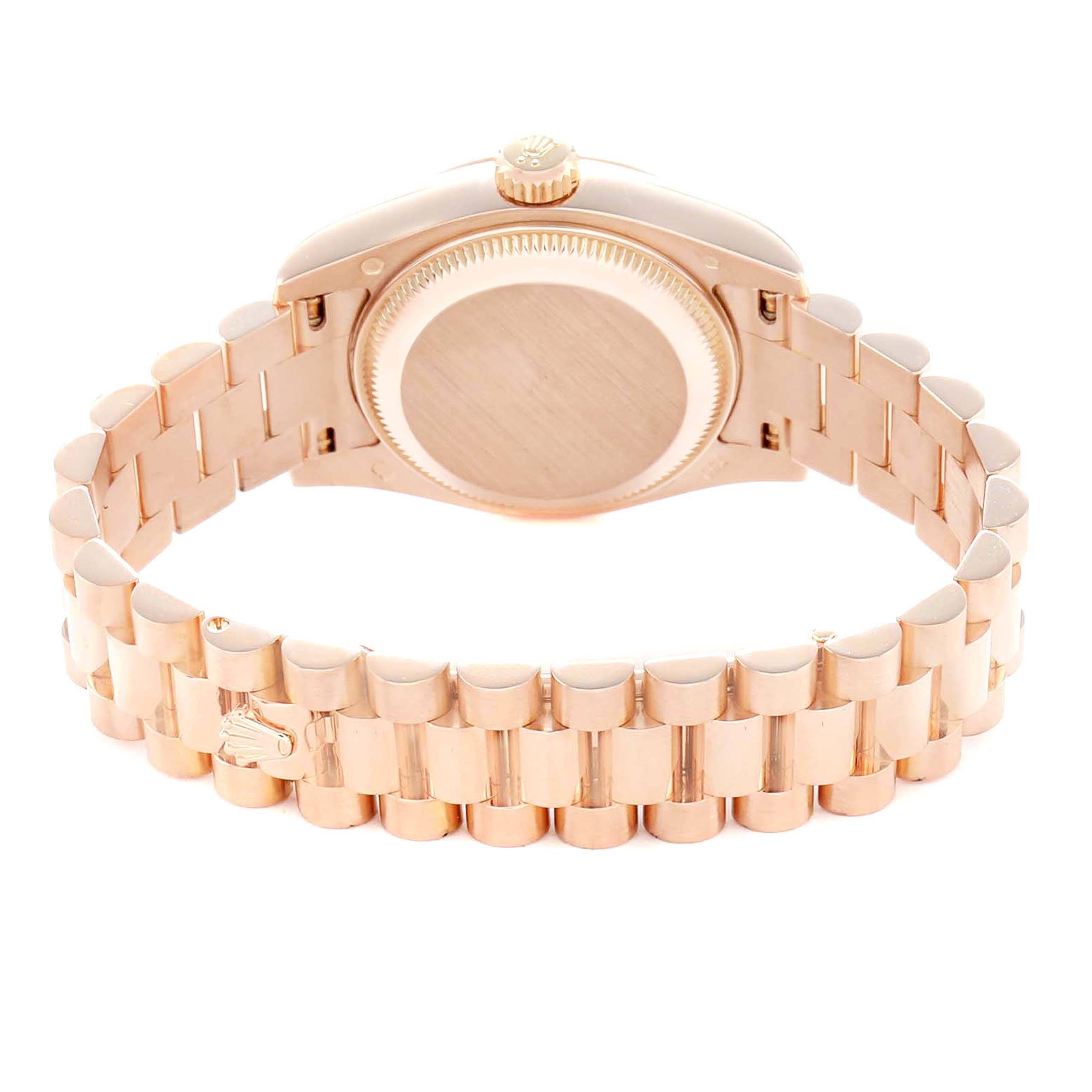 The image shows the back view of a Rolex President 179175 Women
s Rose Gold Mother of Pearl Dial watch, highlighting the case back, crown, and bracelet links.