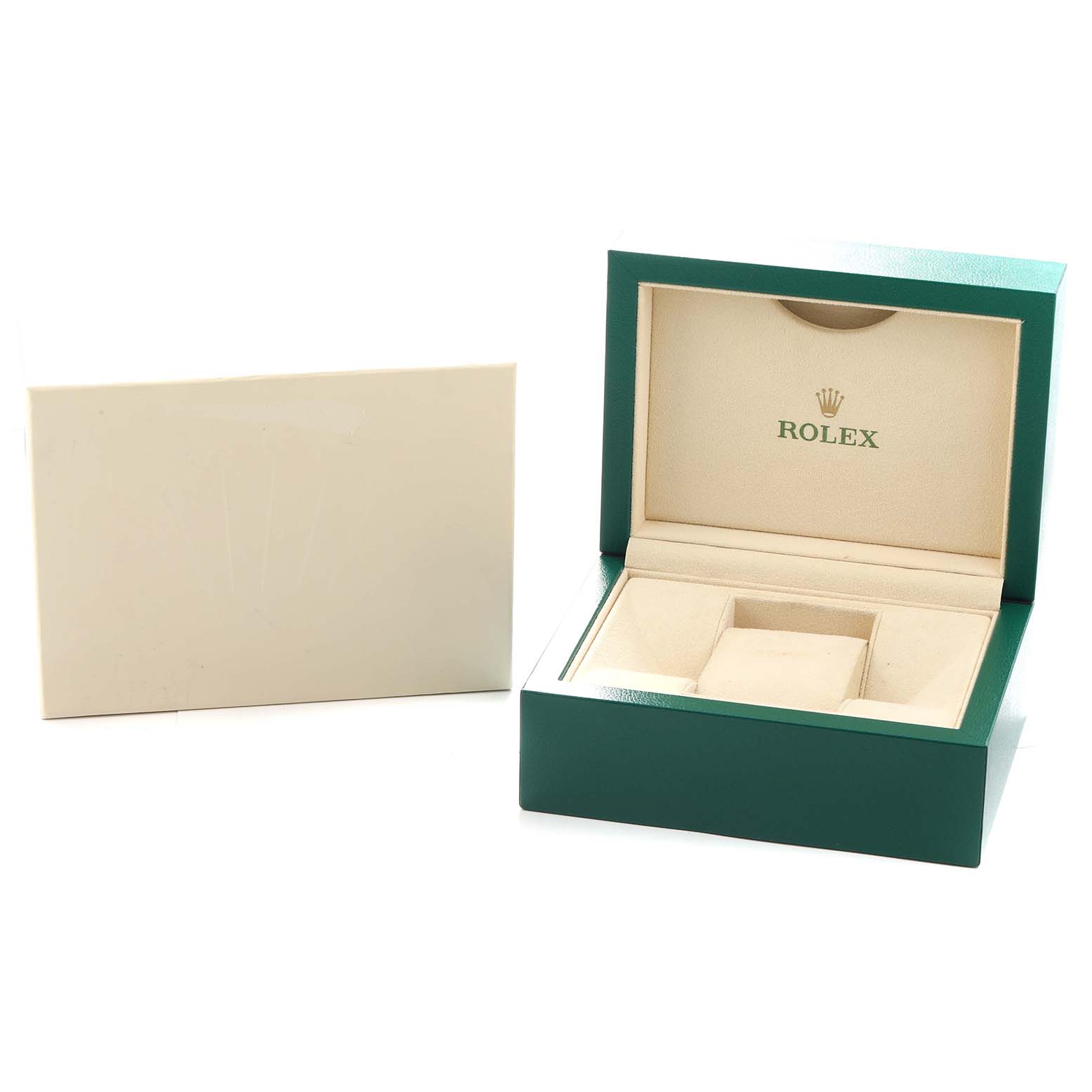 This image shows the open box for the Rolex President 179175 Women
s Rose Gold Mother of Pearl Dial model, highlighting its interior and packaging.