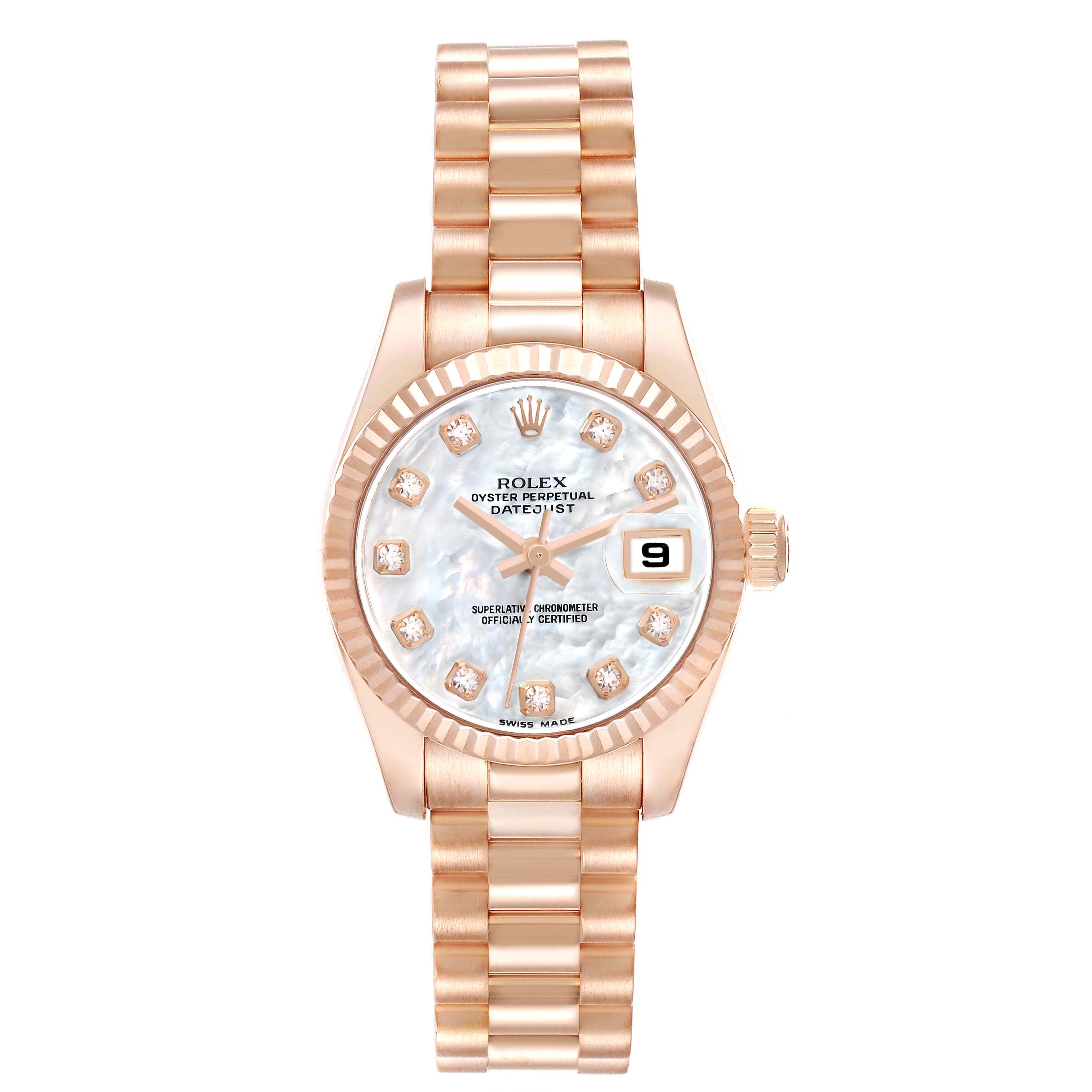 The Rolex President 179175 Women
s Rose Gold Mother of Pearl Dial model watch is shown from a front angle, displaying its face, bezel, and bracelet.