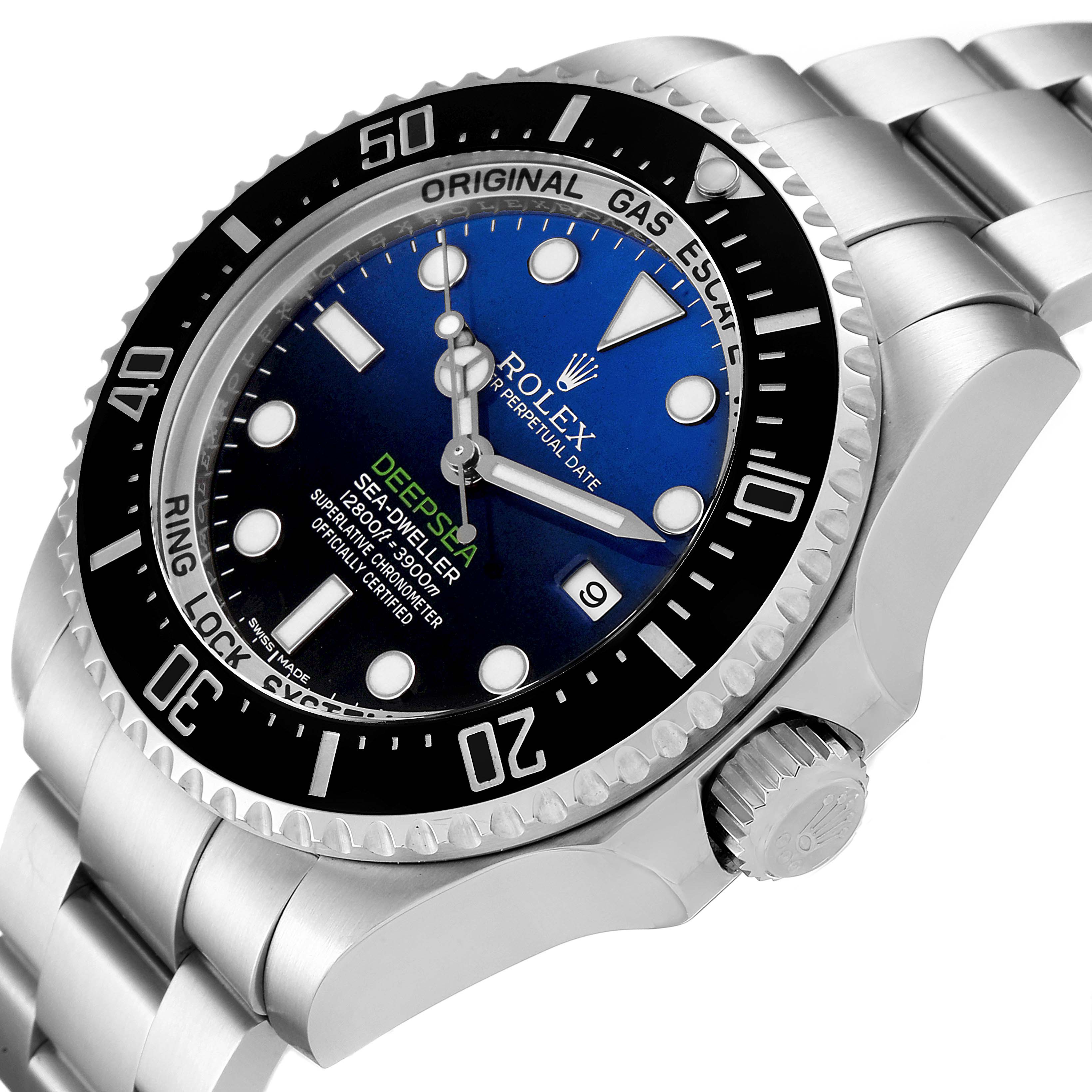 The image shows a close-up of the Rolex Sea-Dweller 116660 Men's Stainless Steel Blue Dial 116660 Men's Stainless Steel Blue Dial watch face, bezel, crown, and part of the bracelet, taken at an angled view.