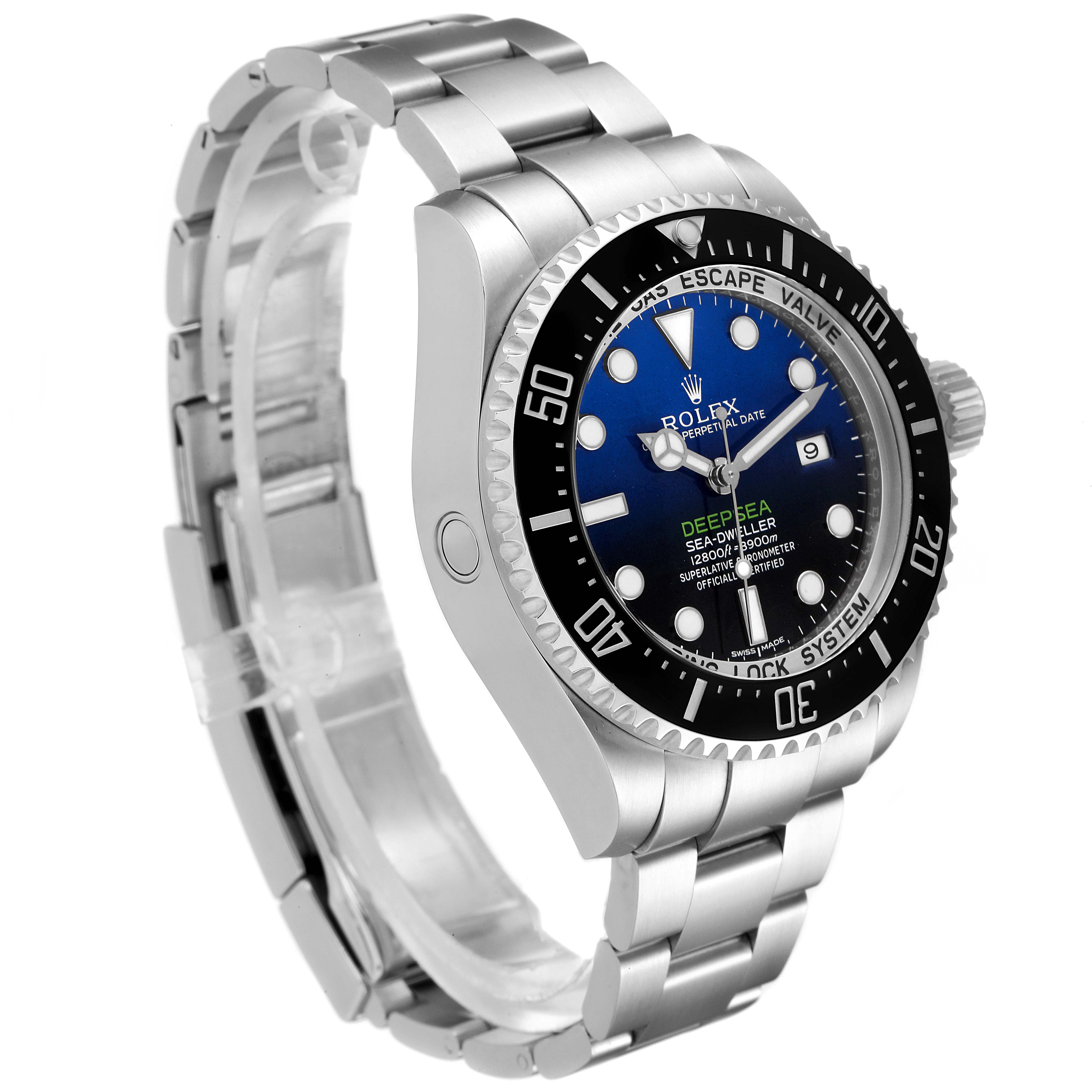 The image shows a side and front angled view of the Rolex Sea-Dweller 116660 Men's Stainless Steel Blue Dial 116660 Men's Stainless Steel Blue Dial watch, highlighting the bezel, face, and metal bracelet.
