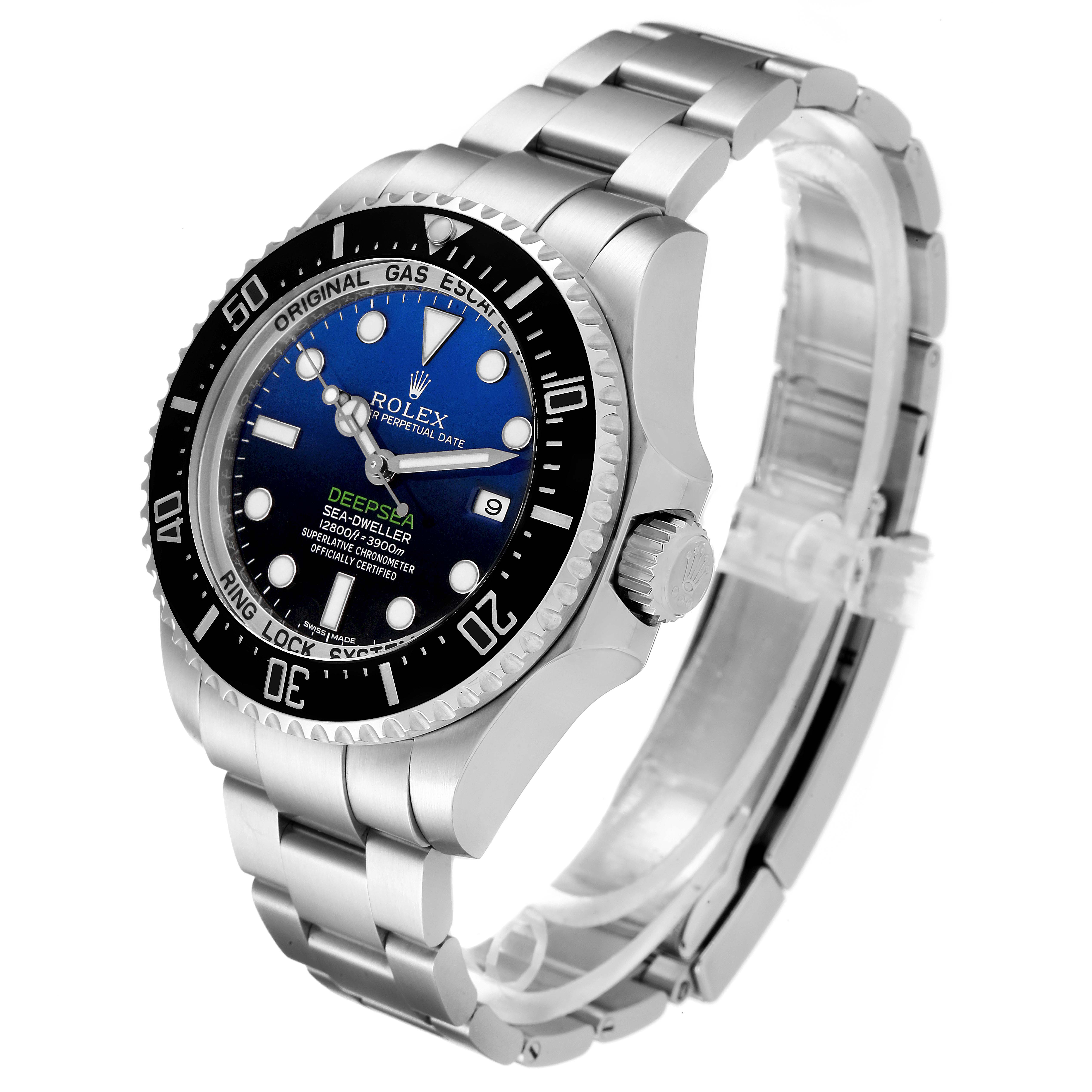 The image shows a left-side angle of the Rolex Sea-Dweller 116660 Men's Stainless Steel Blue Dial 116660 Men's Stainless Steel Blue Dial model, displaying its face, bezel, crown, and part of the bracelet.